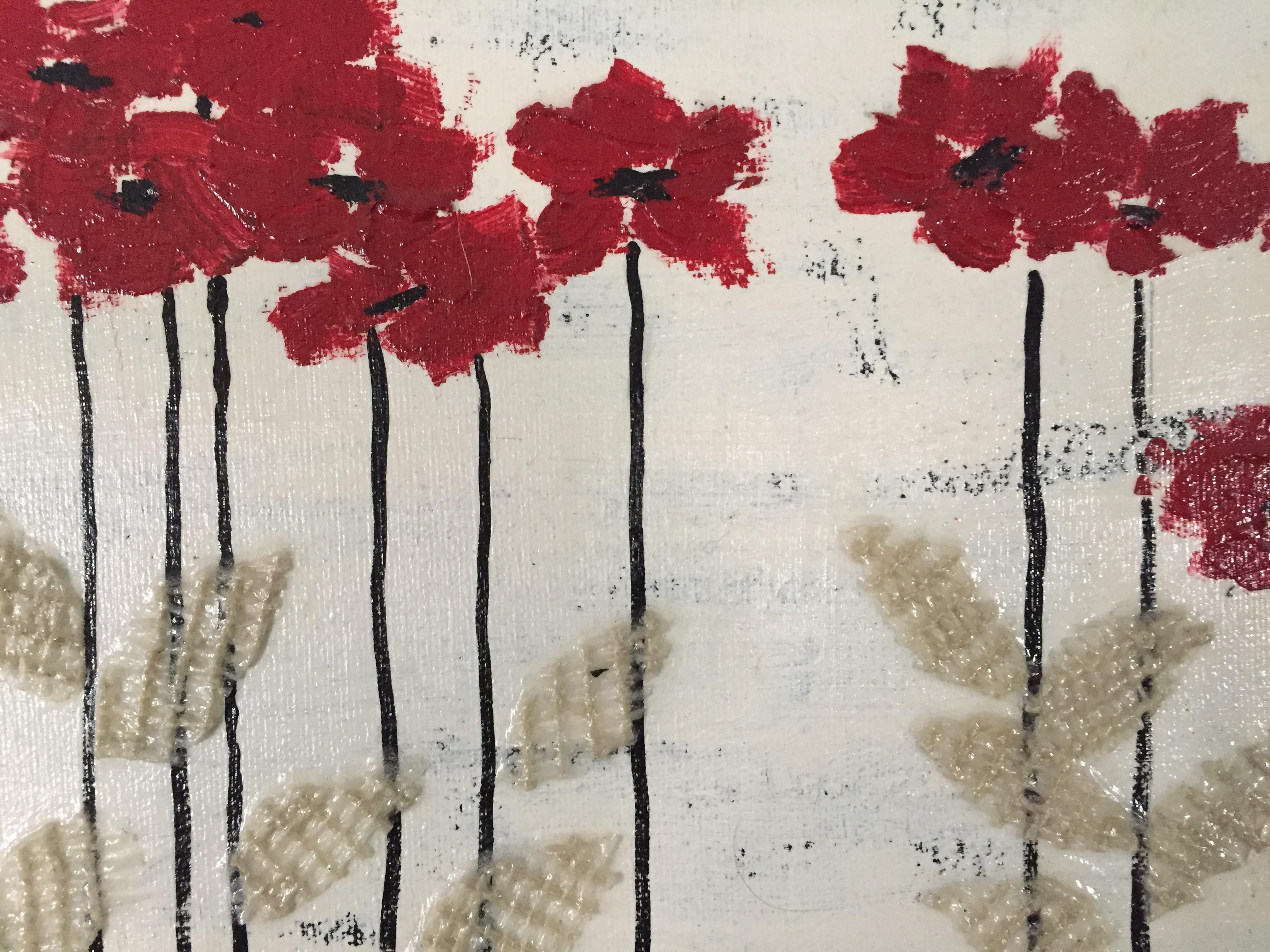 Têtes rouges 1 (24 po. x 24 po.), peinture florale rouge, blanche et noire en vente 1