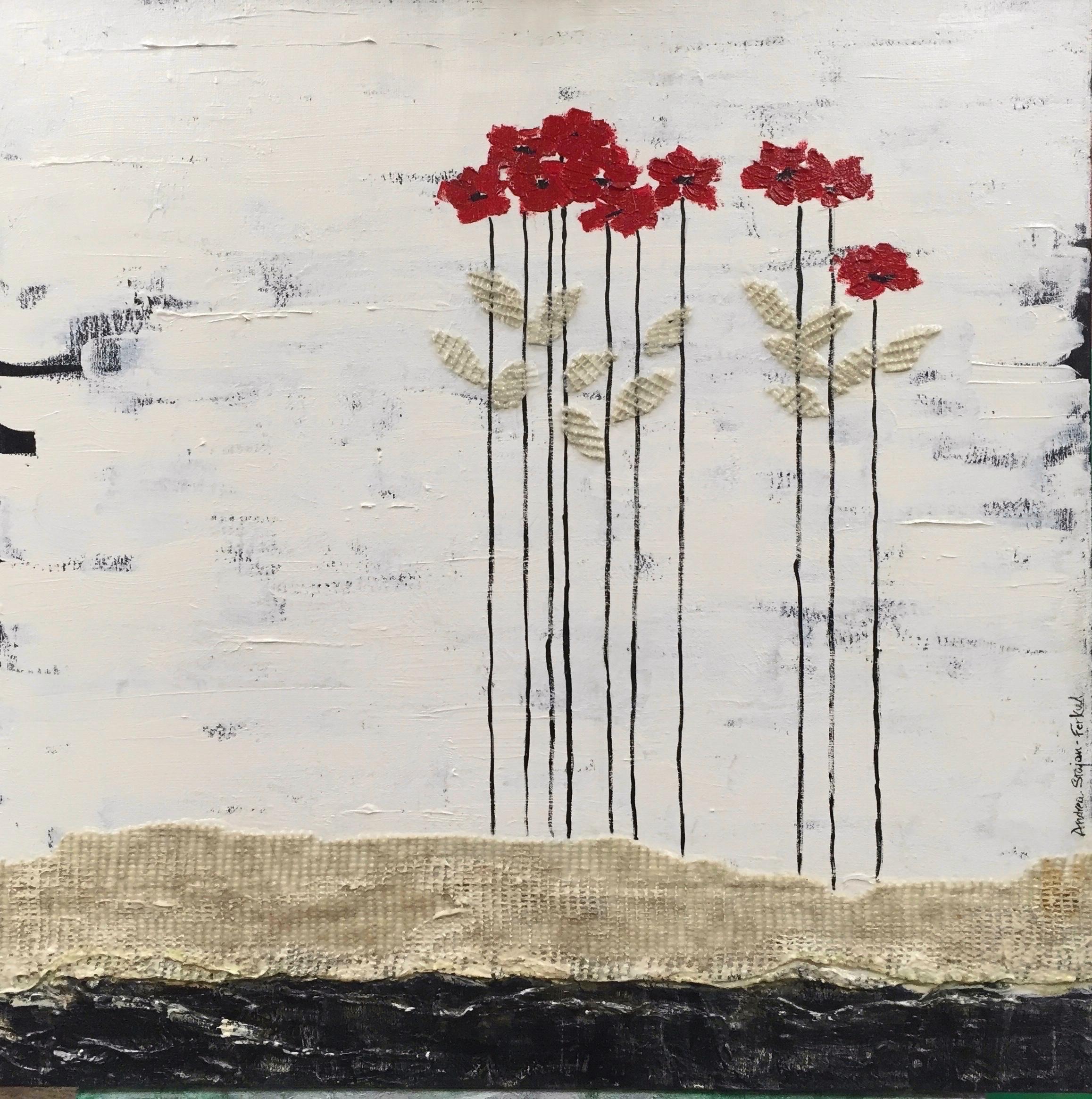 Teste rosse 1 - 24 "x24", Paesaggio a trama rossa, bianca e nera, floreale, papaveri