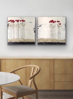 Red Heads - Diptych, 2 Paintings, 24"x24" Each, Textured Floral Landscape