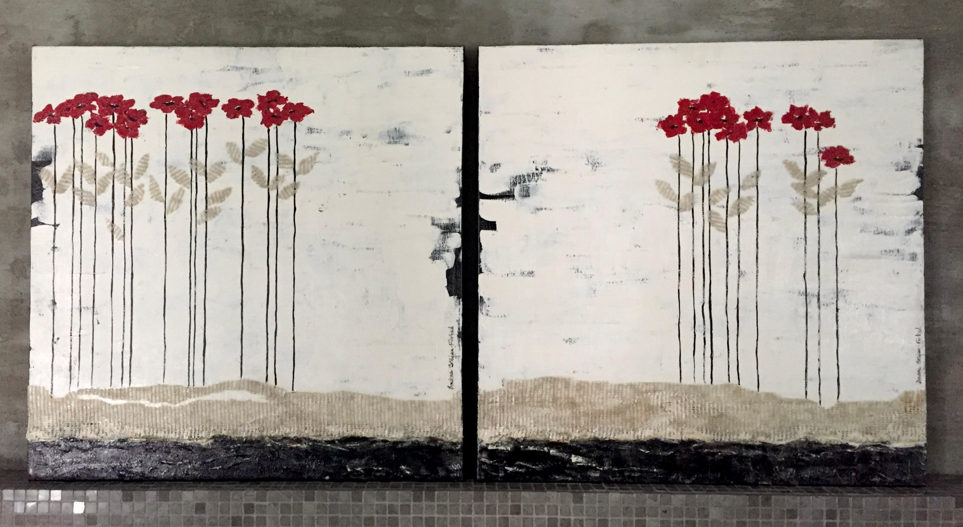 Red Heads - 2 Paintings, 24"x24", Black & White, Floral Landscape, Poppies