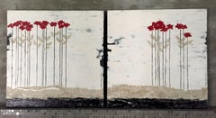 Red Heads - 2 Paintings, 24"x24", Black & White, Floral Landscape, Poppies