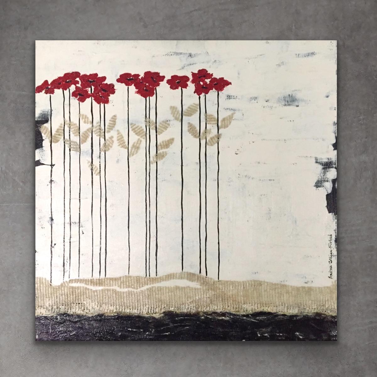 Têtes rouges ll (24"x24", peinture de paysage à fleurs rouges, noires et blanches) 