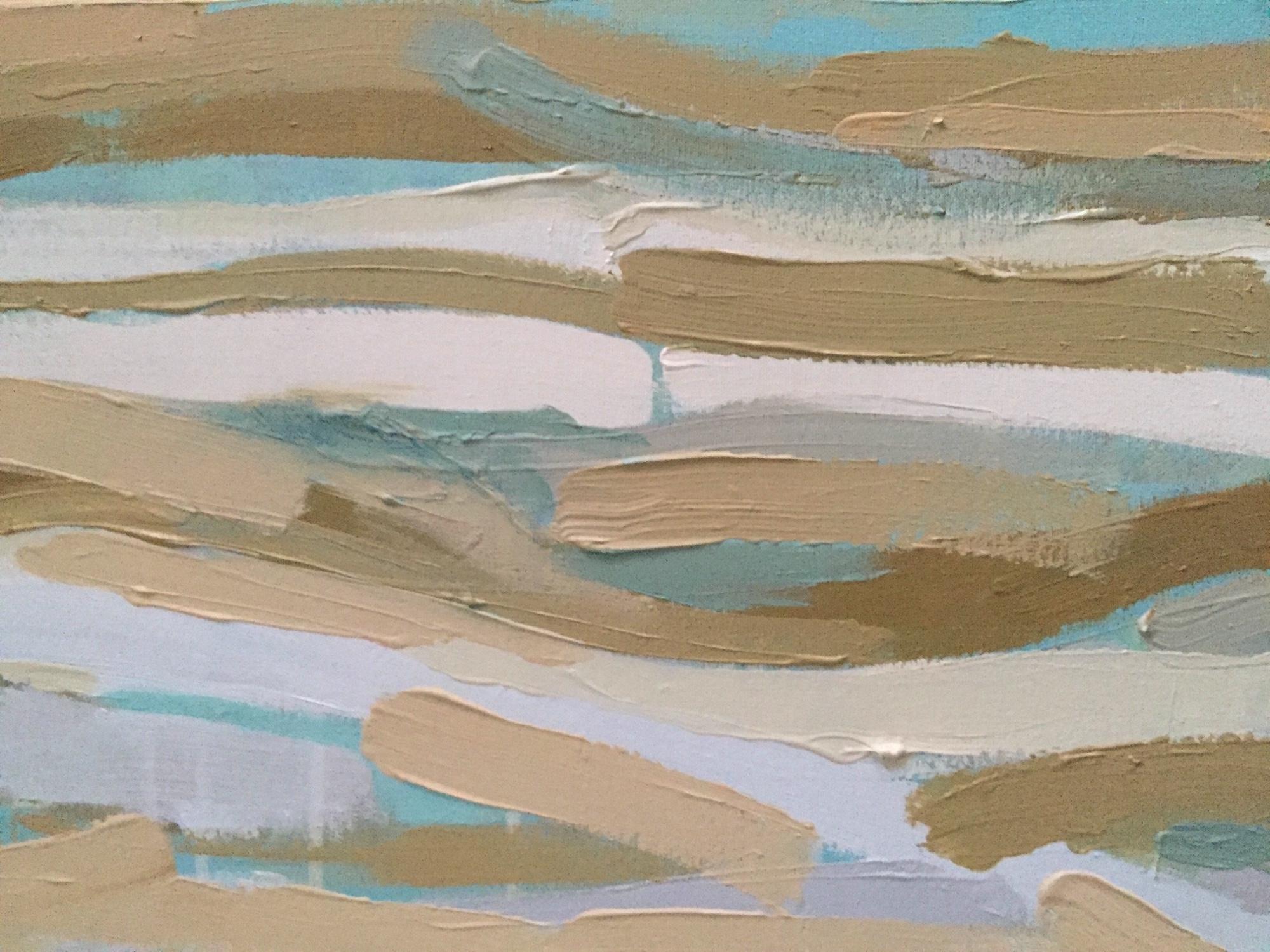 Sand And Water - 30”x40”, Abstract Landscape/Seascape, Textured, Blue, Beige - Contemporary Painting by Andrea Stajan-Ferkul