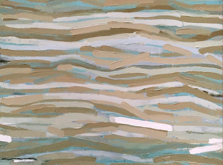 Sand And Water (30”x40”, Blue/Green/Tan Abstract Landscape, Seascape Painting) - Gray Landscape Painting by Andrea Stajan-Ferkul