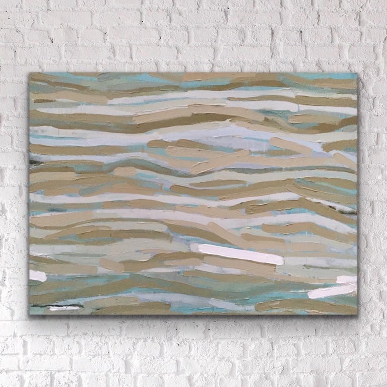 Andrea Stajan-Ferkul Landscape Painting - Sand And Water (30”x40”, Blue/Green/Tan Abstract Landscape, Seascape Painting)