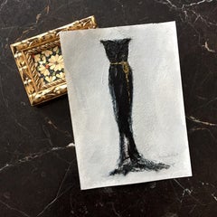 Silhouette - 5 "x7", œuvre d'art sur papier, robe noire avec détails dorés
