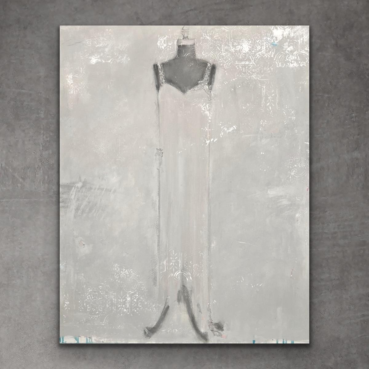 Slipping Away - 30”x24”, Dress Painting, Grey, White, Neutral, Still Life