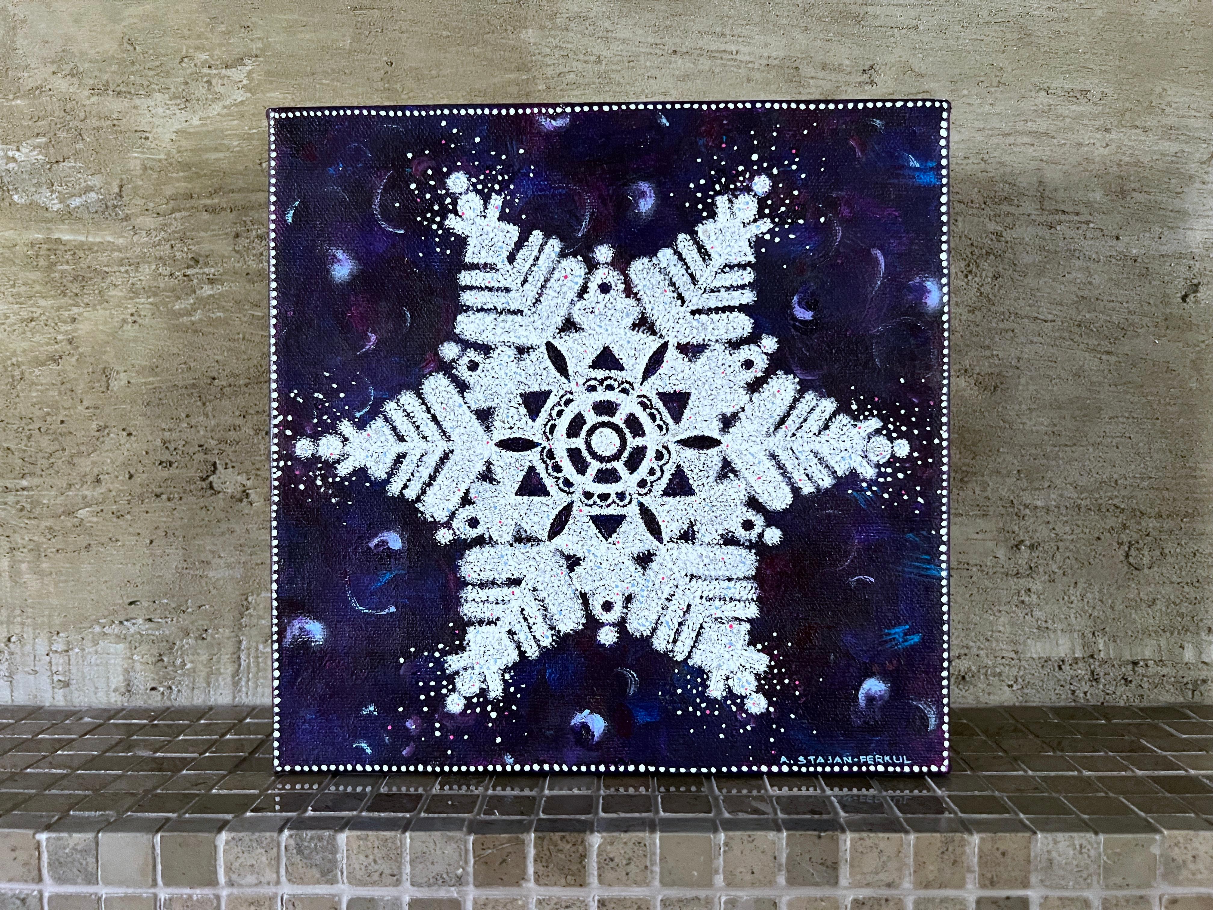 This delicate and intricate snowflake glistens softly against a serene winter background. The meticulous details capture the ethereal beauty of a unique snowflake, also emulating a star. Using acrylic paint, emphasis is on detail, pattern and