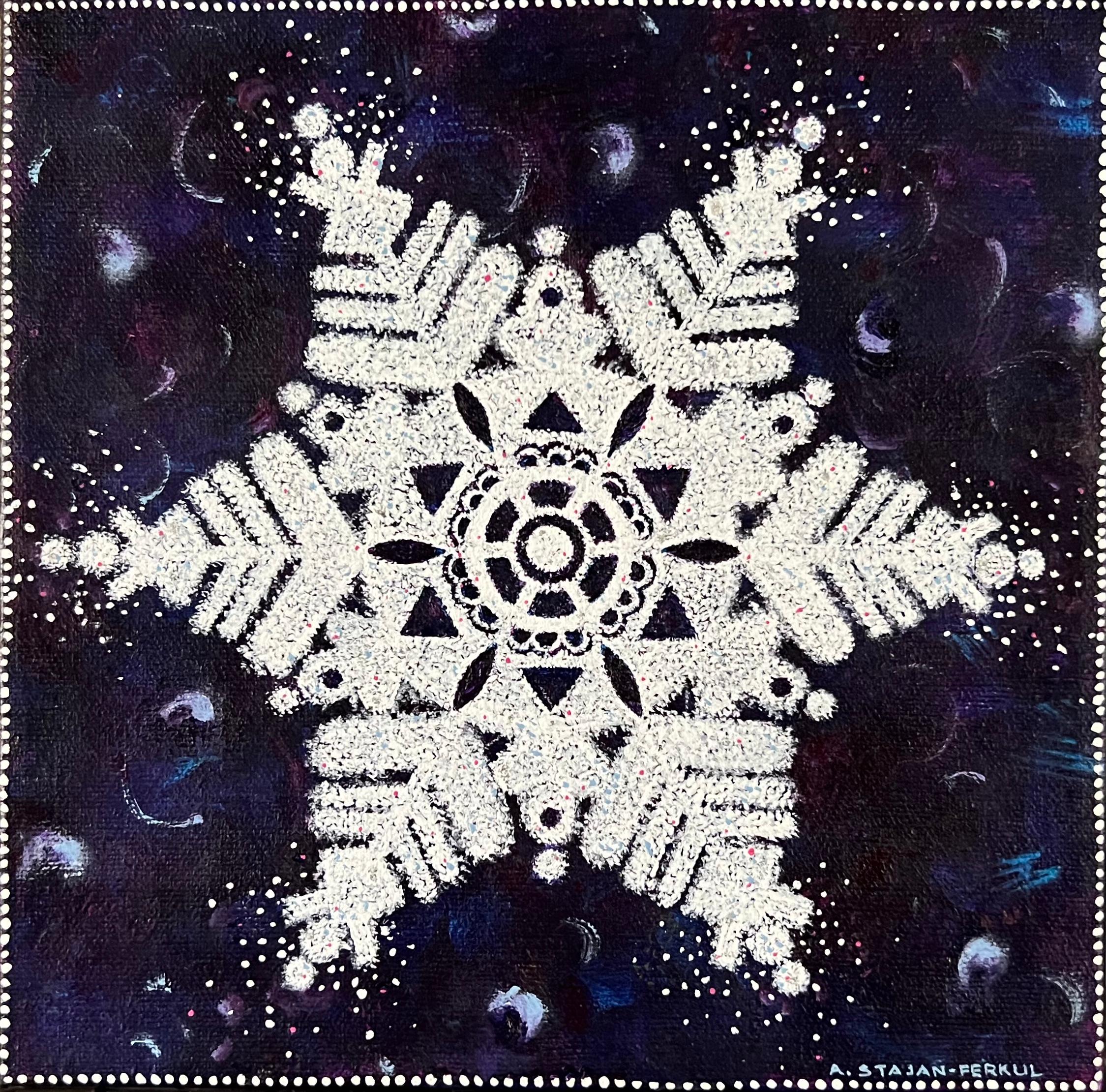 Andrea Stajan-Ferkul Landscape Painting - Snowflake In The Sky, 8"x8", Blue, White, Winter, Snow, Star, Christmas Painting