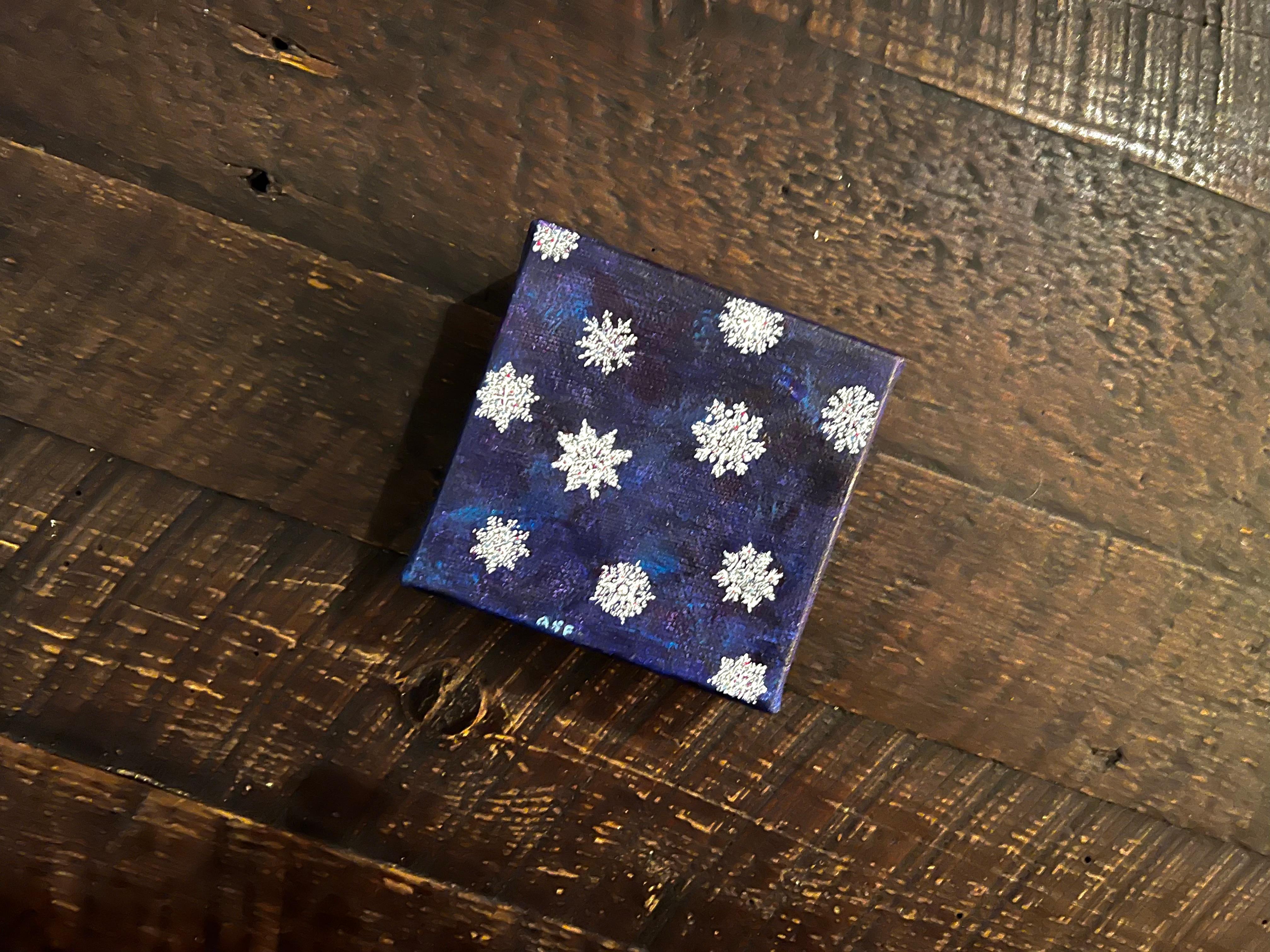 Andrea Stajan-Ferkul Landscape Painting - Snowflakes - 1  (4"x4", Blue And White, Winter, Snow, Christmas Small Painting)