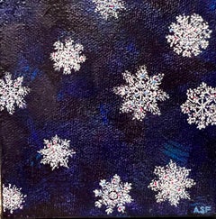 Schneeflocken II  - (4"x4", Blau und Weiß, Winter, Schnee, Weihnachts, Kleines Gemälde
