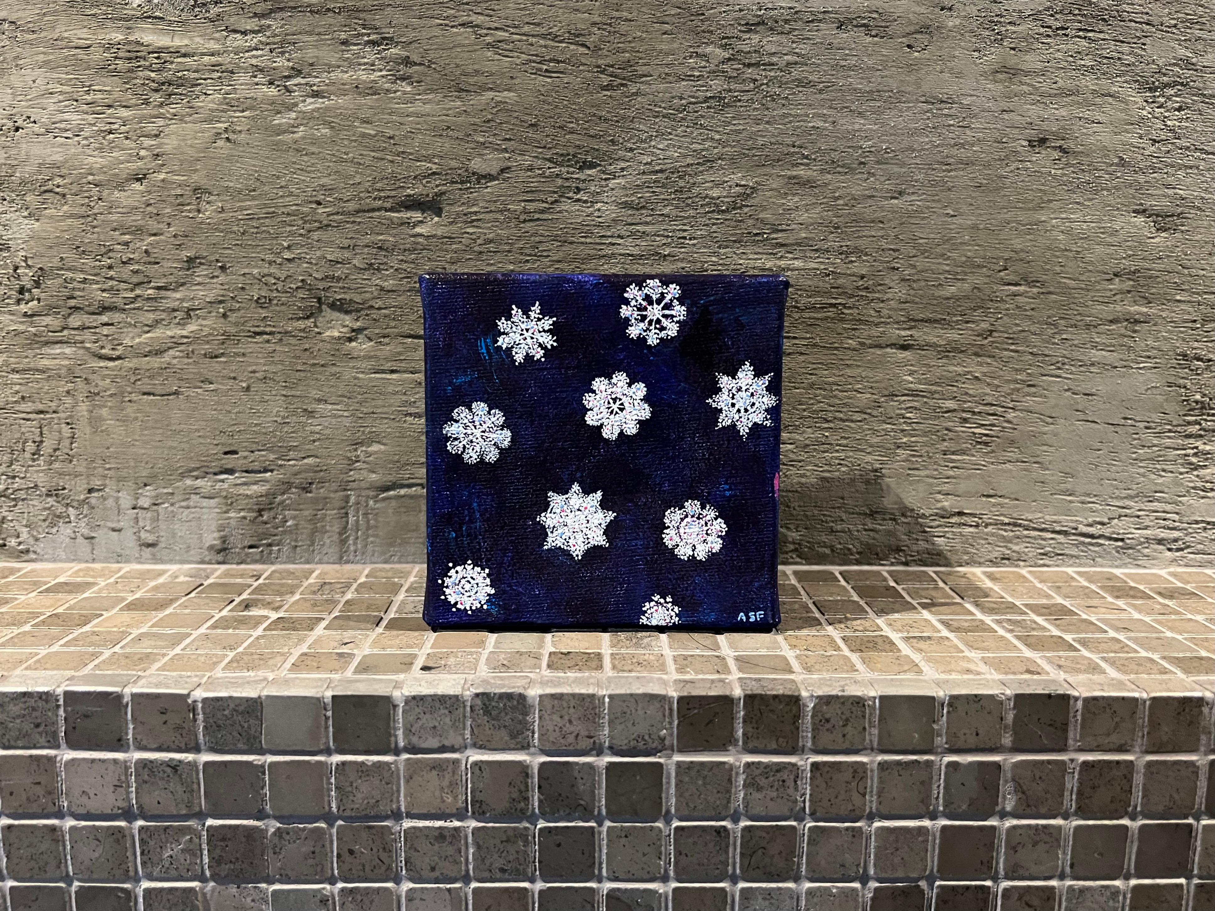 Snowflakes - lll (4"x4", Blue, White, Winter, Snow, Christmas, Small Painting) - Art by Andrea Stajan-Ferkul