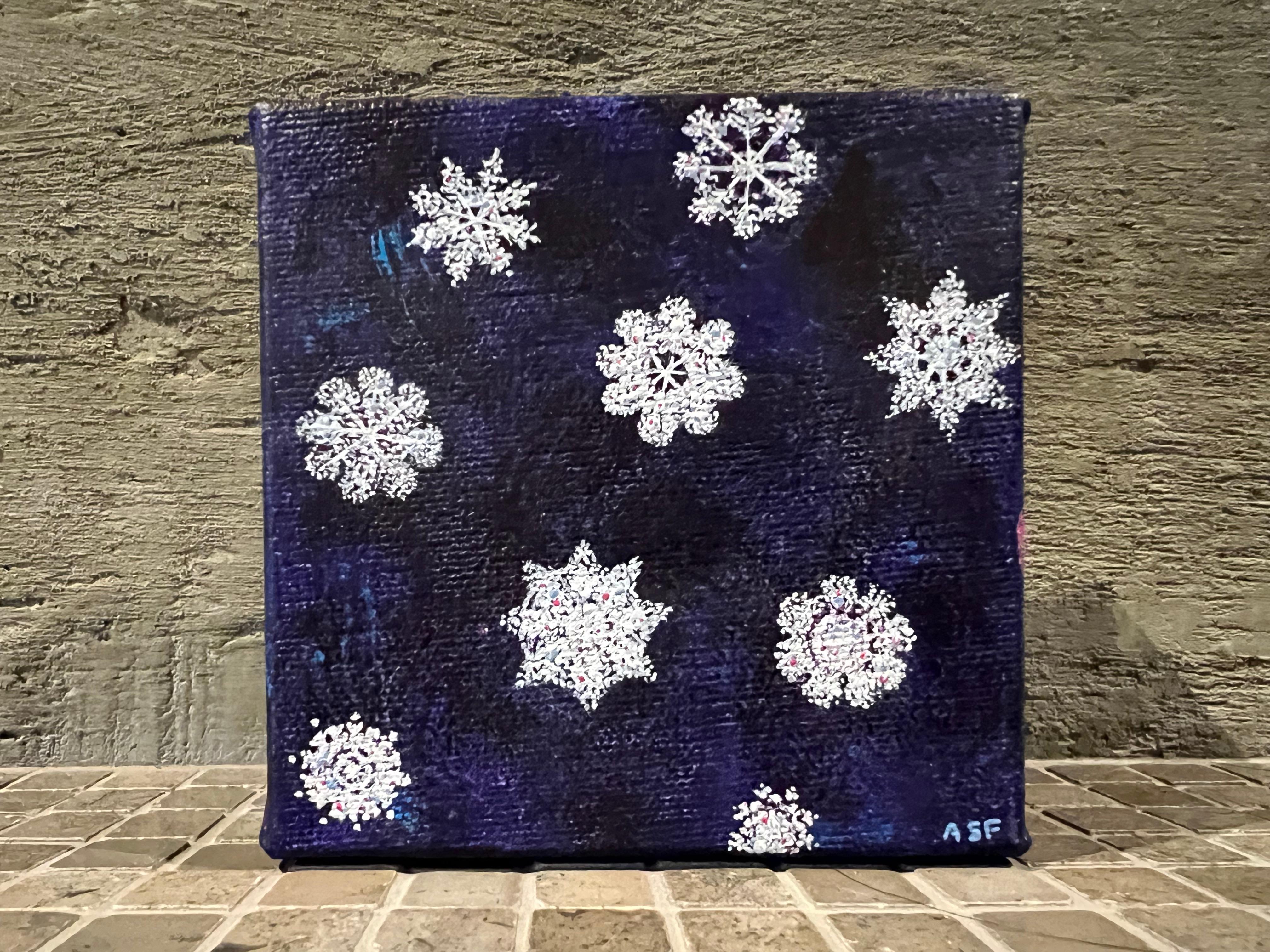 Andrea Stajan-Ferkul Landscape Painting – Snowflakes - lll (4"x4", Blau, Weiß, Winter, Schnee, Weihnachts, Kleines Gemälde)