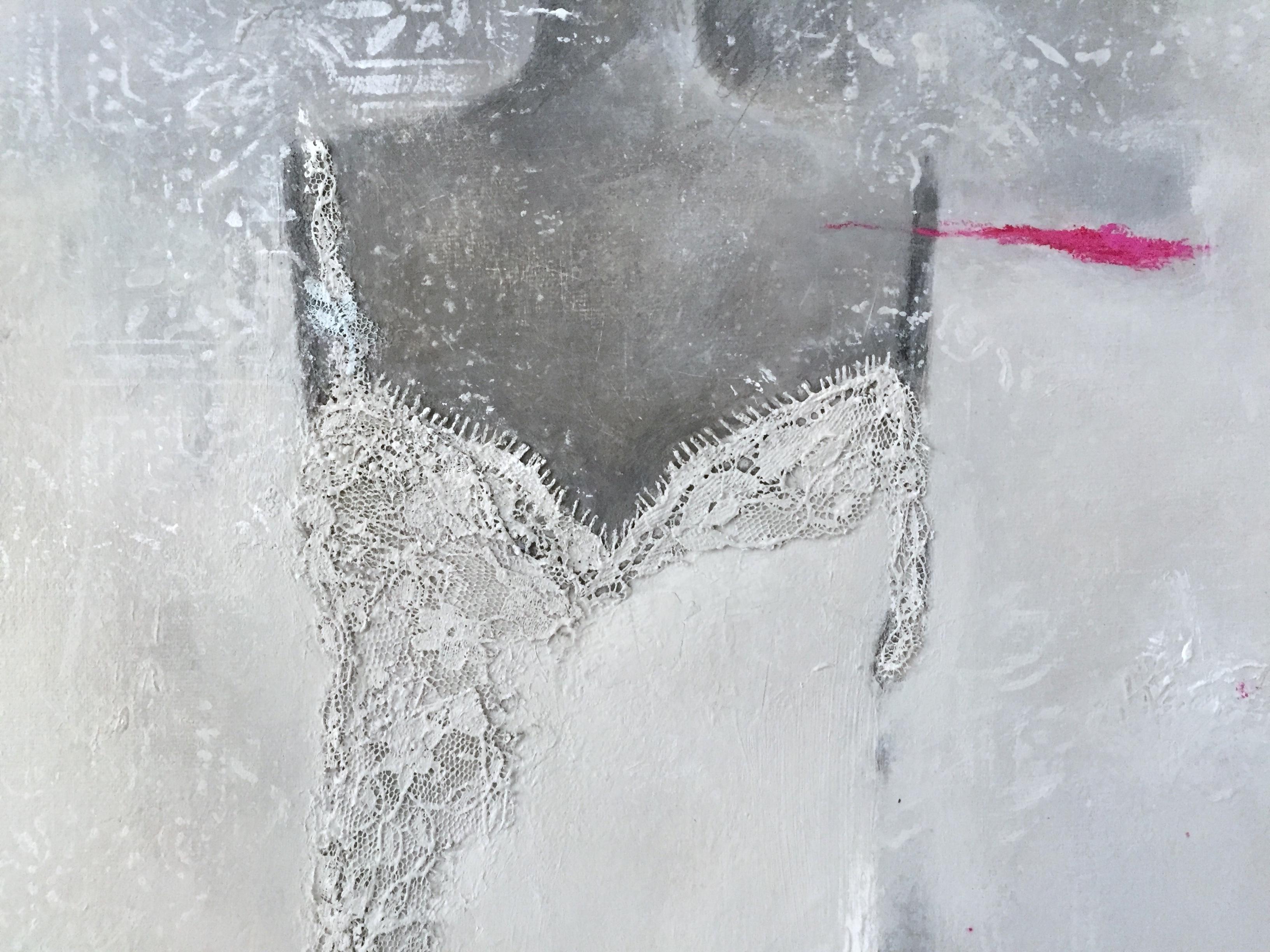 This delicate slip dress painting features an interplay of paint and textile with an outcome both expressive and refined. The combination of intricate detail and intuitive mark-making communicates a feminine, ethereal impression. Textured vintage
