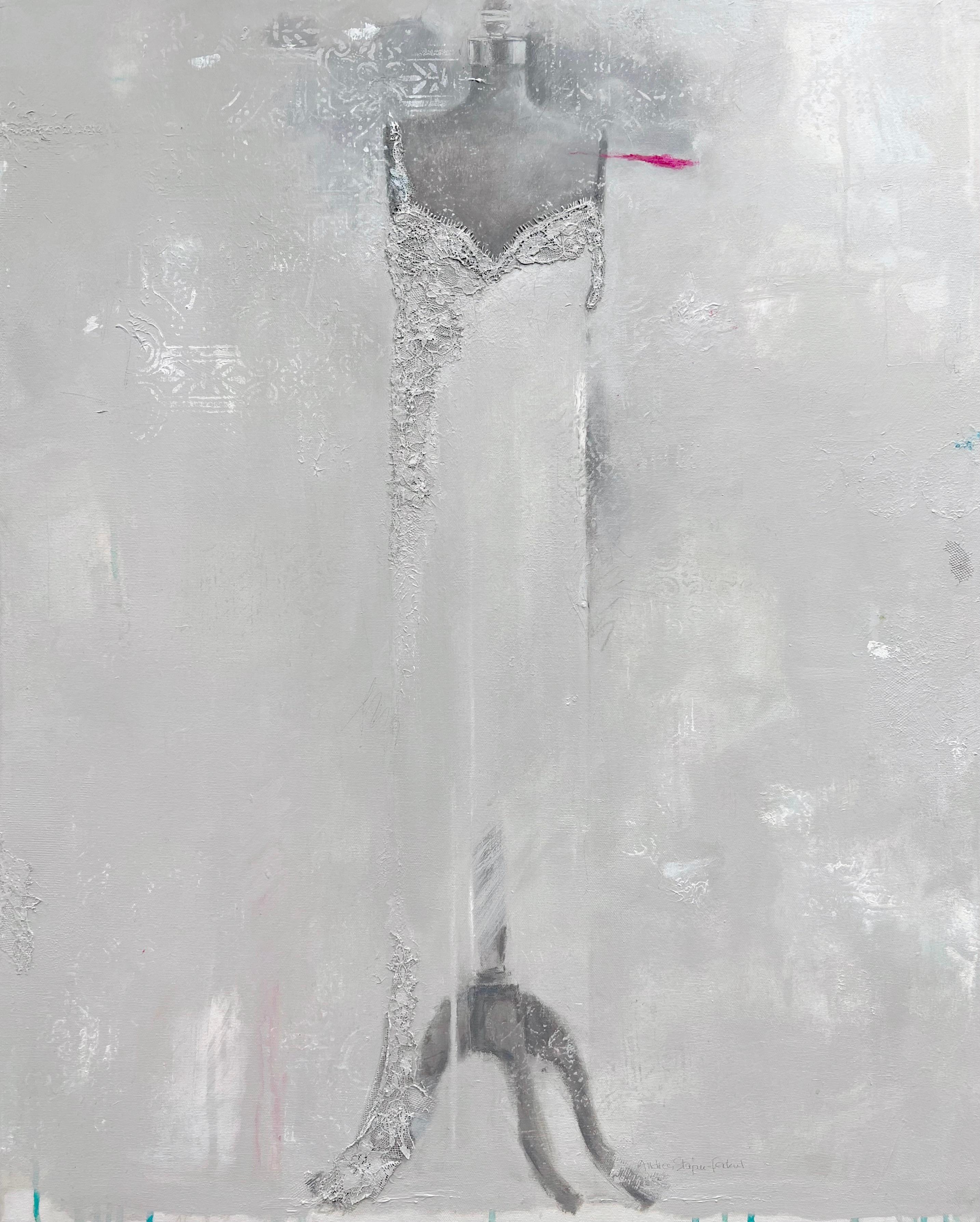 Andrea Stajan-Ferkul Still-Life Painting - Sometime In Paris (24"x 30" Neutral, Grey, Dress Painting, Feminine, Still Life)