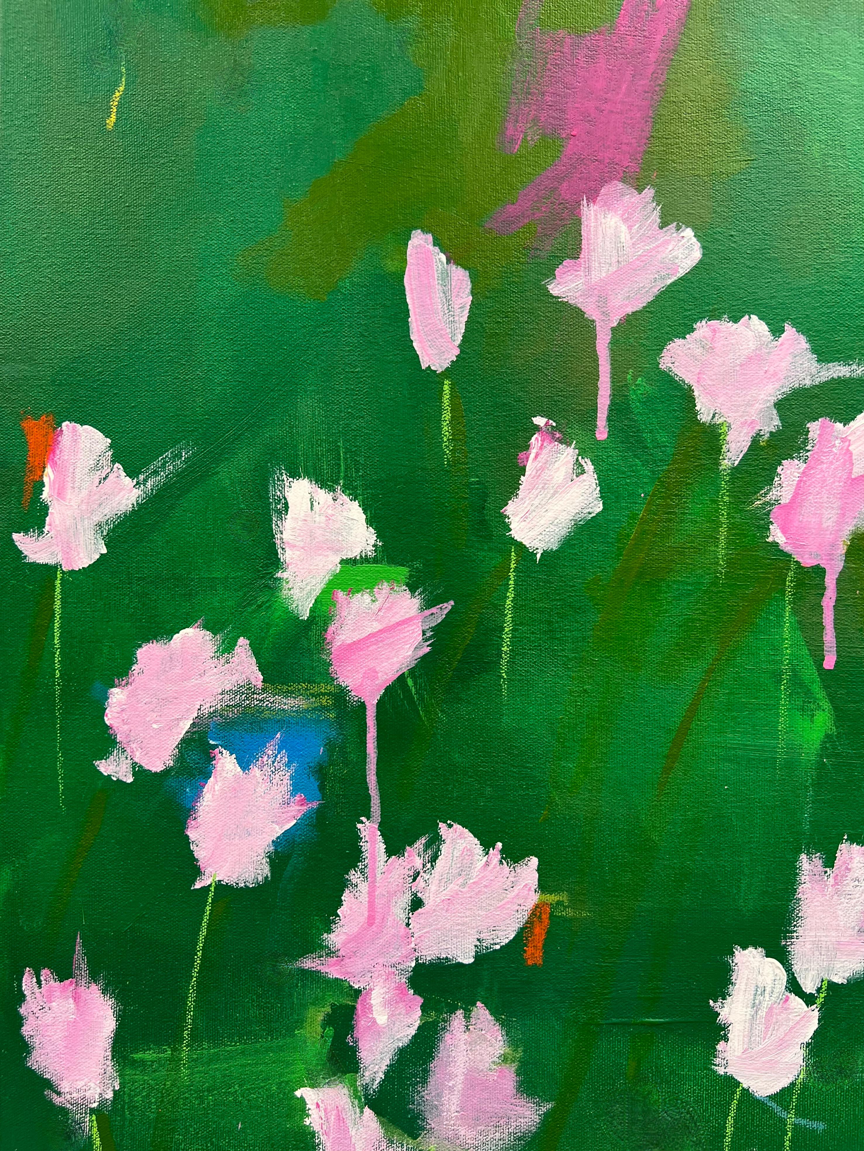 Spring Fever  - 16"x20" Abstracted Tulips, Green, Pink, Flowers