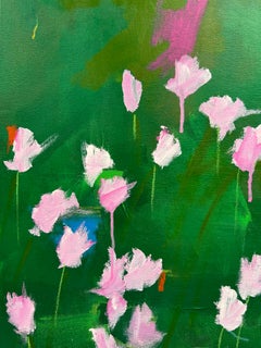 Spring Fever  - 16"x20" Abstracted Tulips, Green, Pink, Flowers