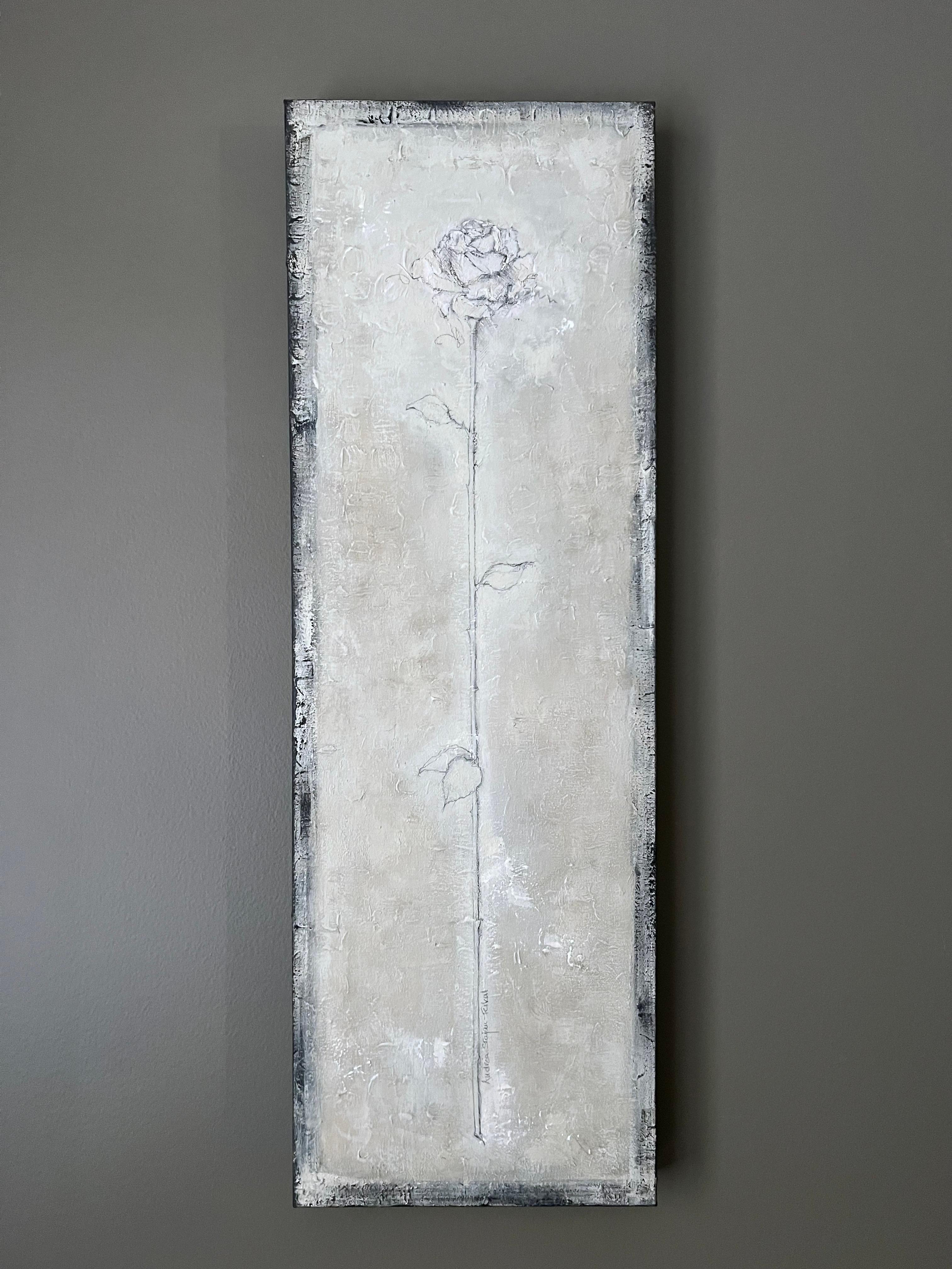 Stop And Smell The Rose - 10"x30", peinture florale neutre, beige, gris, rose - Art de Andrea Stajan-Ferkul