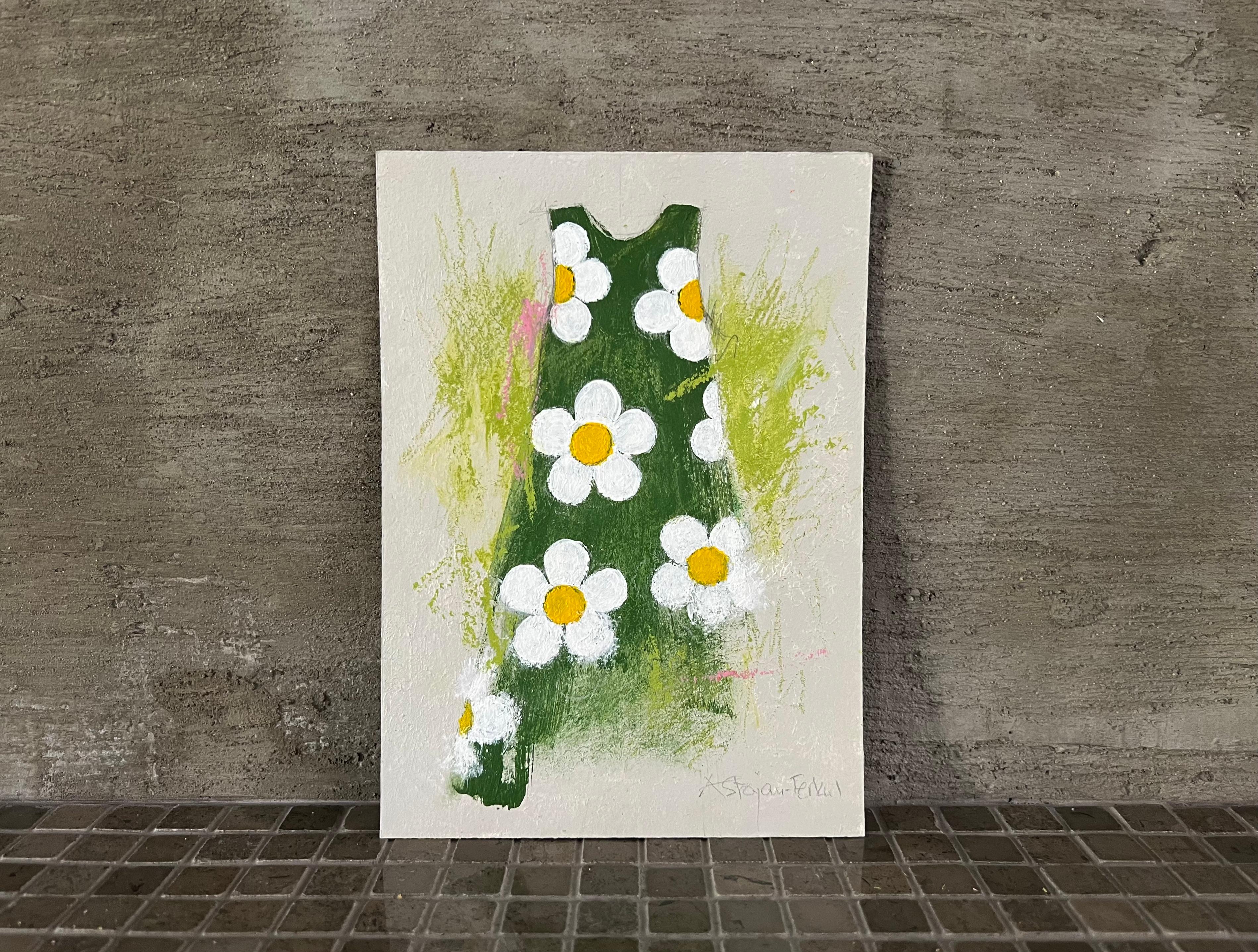 Sundress, opera d'arte originale su carta, Greene & Greene & Greene, vestito estivo con margherite e fiori
