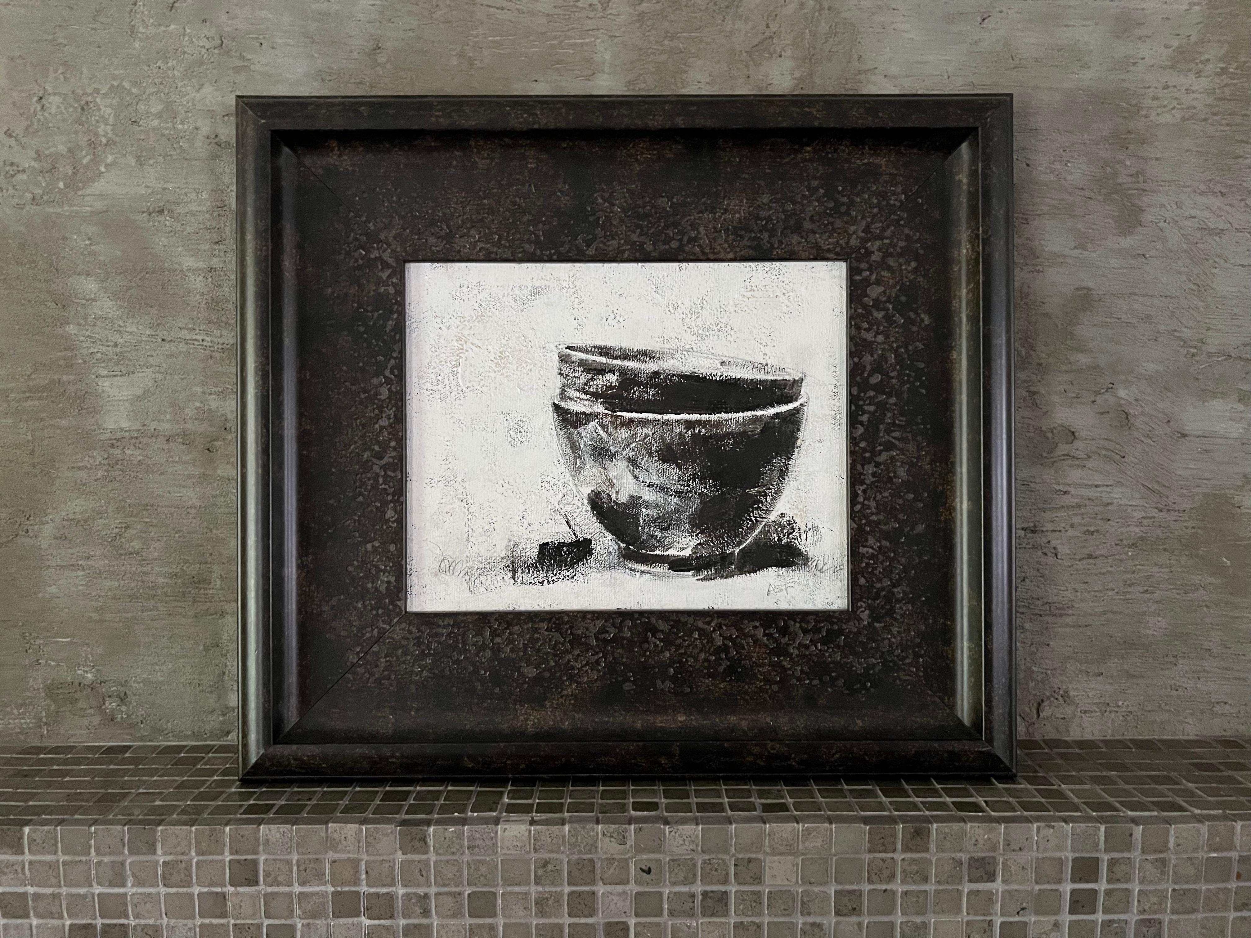Super Bowls (4 Framed Paintings, Still Life Series, Brown, Black, White) For Sale 14
