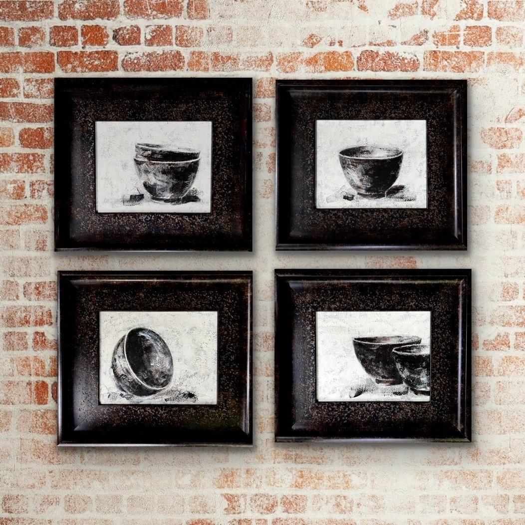 Super Bowls - 4 Paintings, Framed, Still Life Series, Brown, Black, White