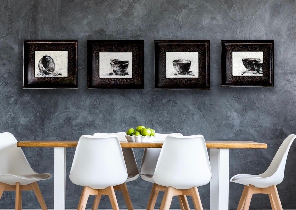 Super Bowls - 4 tableaux encadrés, séries de natures mortes, Brown, Black, White - Painting de Andrea Stajan-Ferkul