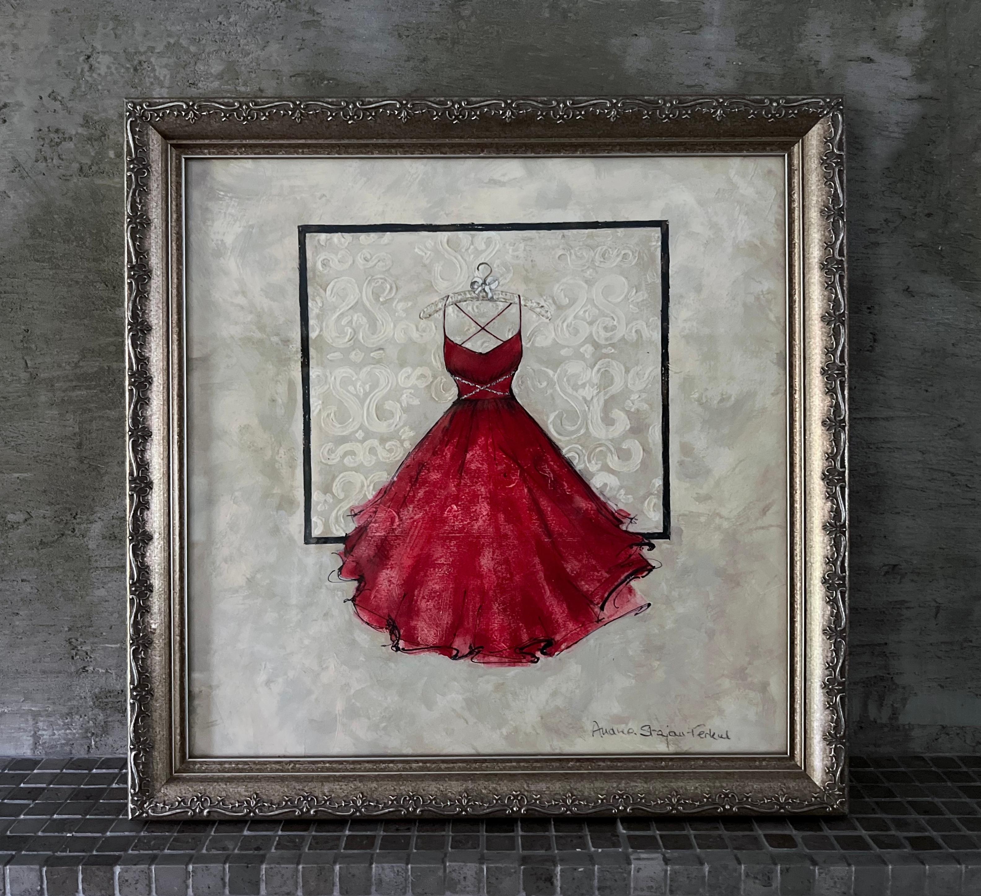 Un'aria di femminilità è espressa in questo sorprendente vestito rosso dipinto su tavola artistica, che cattura un cenno nostalgico al glamour senza tempo. I dettagli delicati (con un pizzico di luccichio) si fondono con un motivo damascato tono su