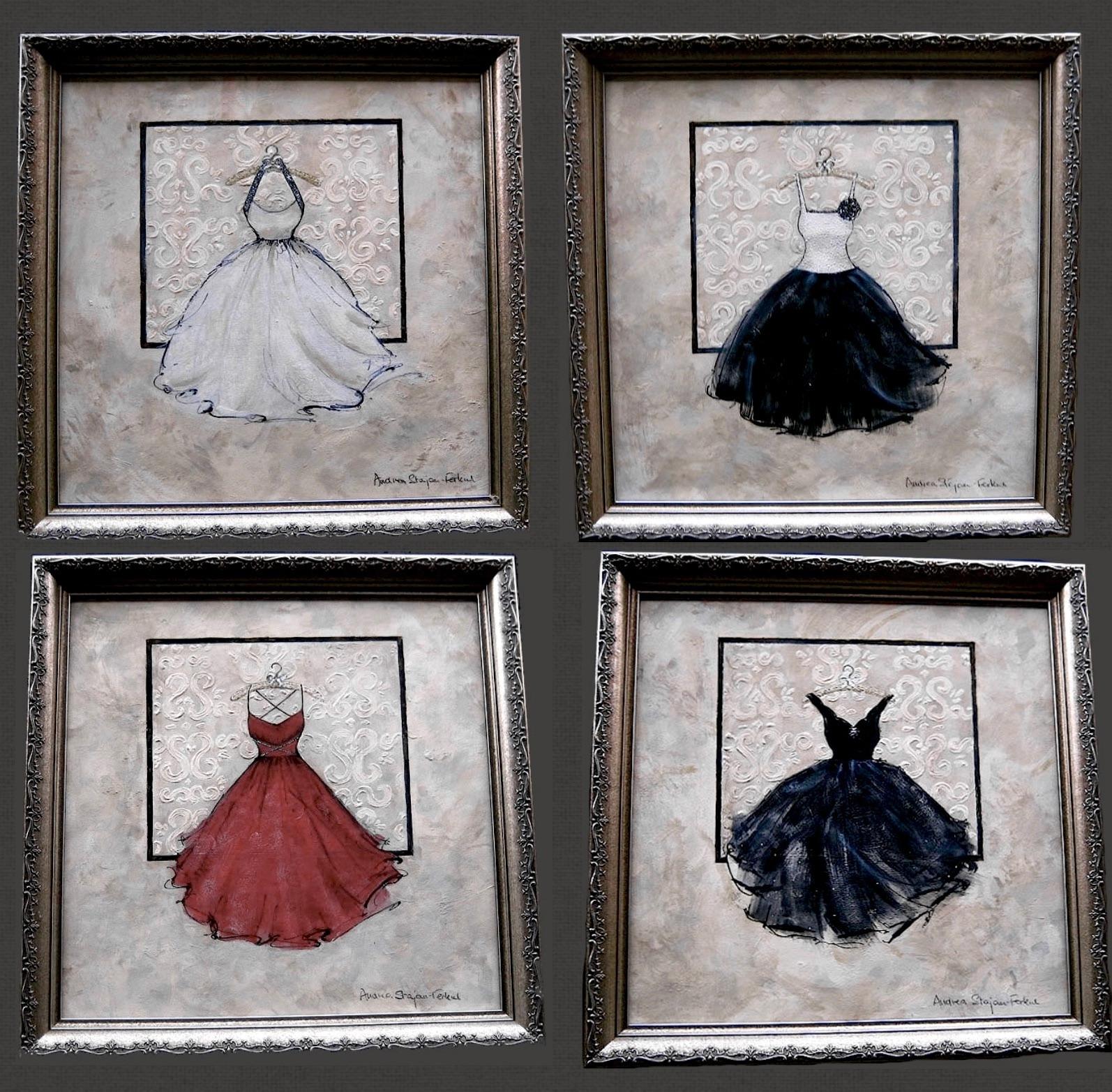 Take Me Dancing, Series Of 4 Original Artworks, 14"x14" Framed Dresses, Women