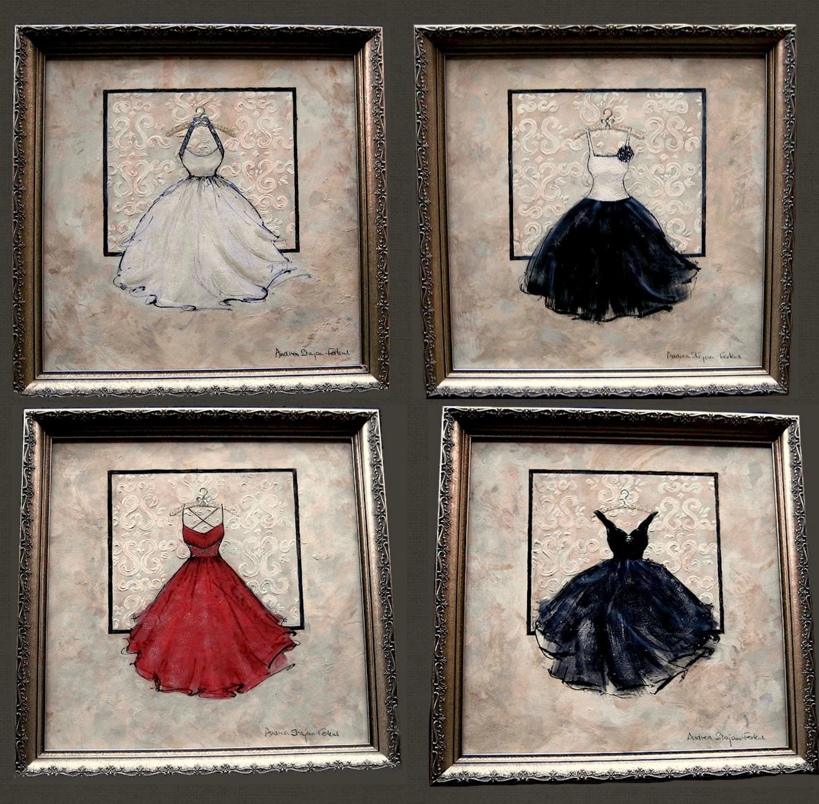 Take Me Dancing, Serie von 4 Original-Kunstwerken, 14"x14" gerahmte Kleider, Frauen