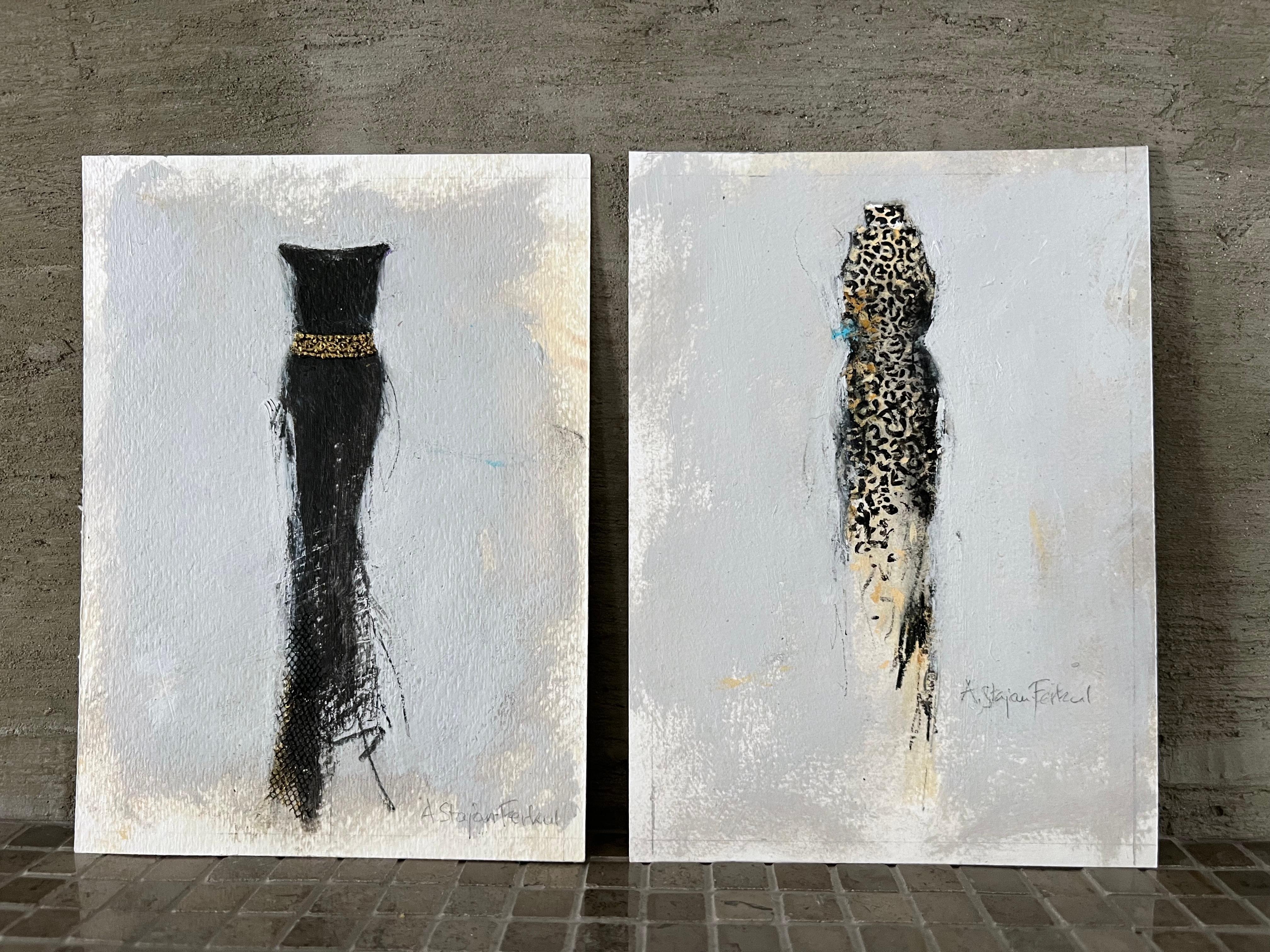Il camerino - 5 "x7", 2 opere su carta, Nero, Leopardo, Natura morta - Art di Andrea Stajan-Ferkul