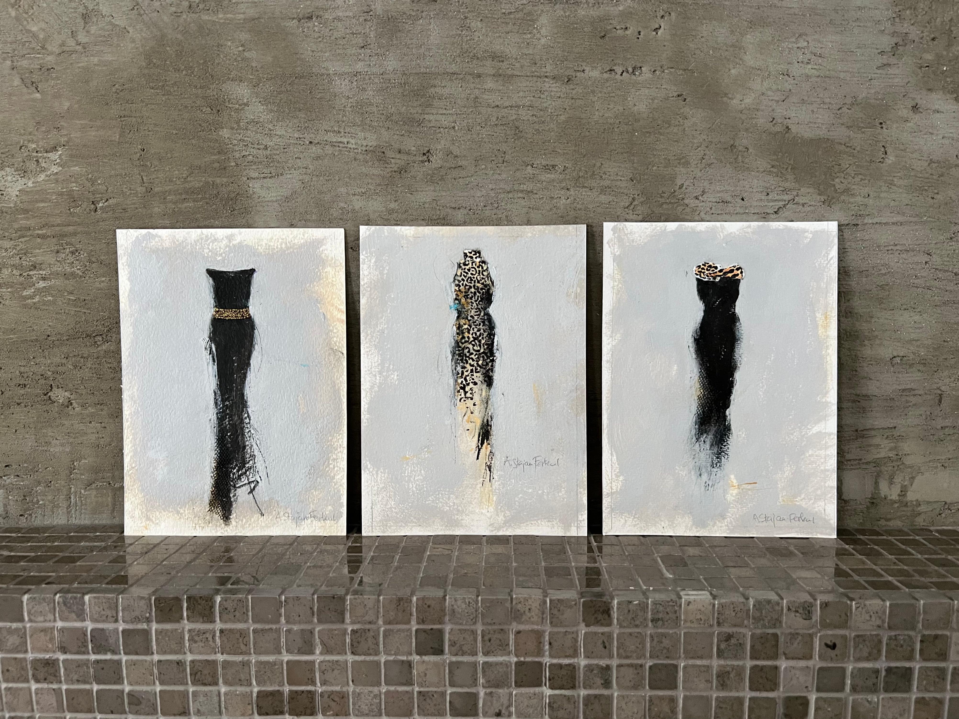 Il camerino - 3 opere d'arte originali su carta, serie Abito nero, 5 