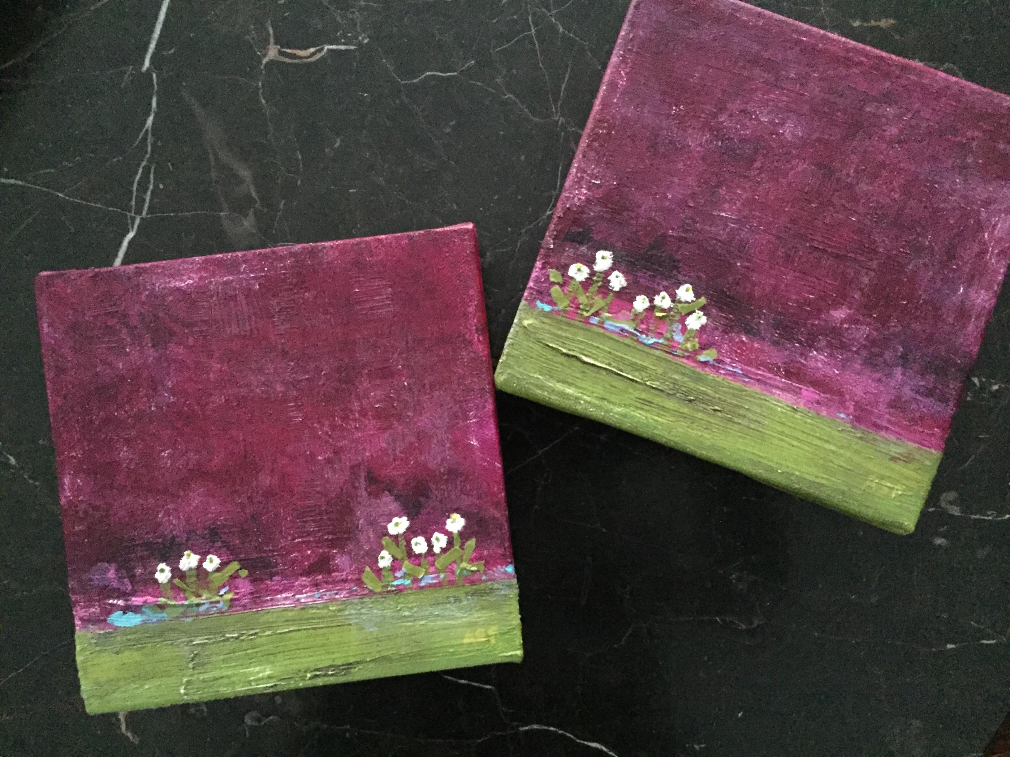 Tiny White Flowers 1 - 6”x6”, Purple, Green, Color, White Flower Landscape  For Sale 4