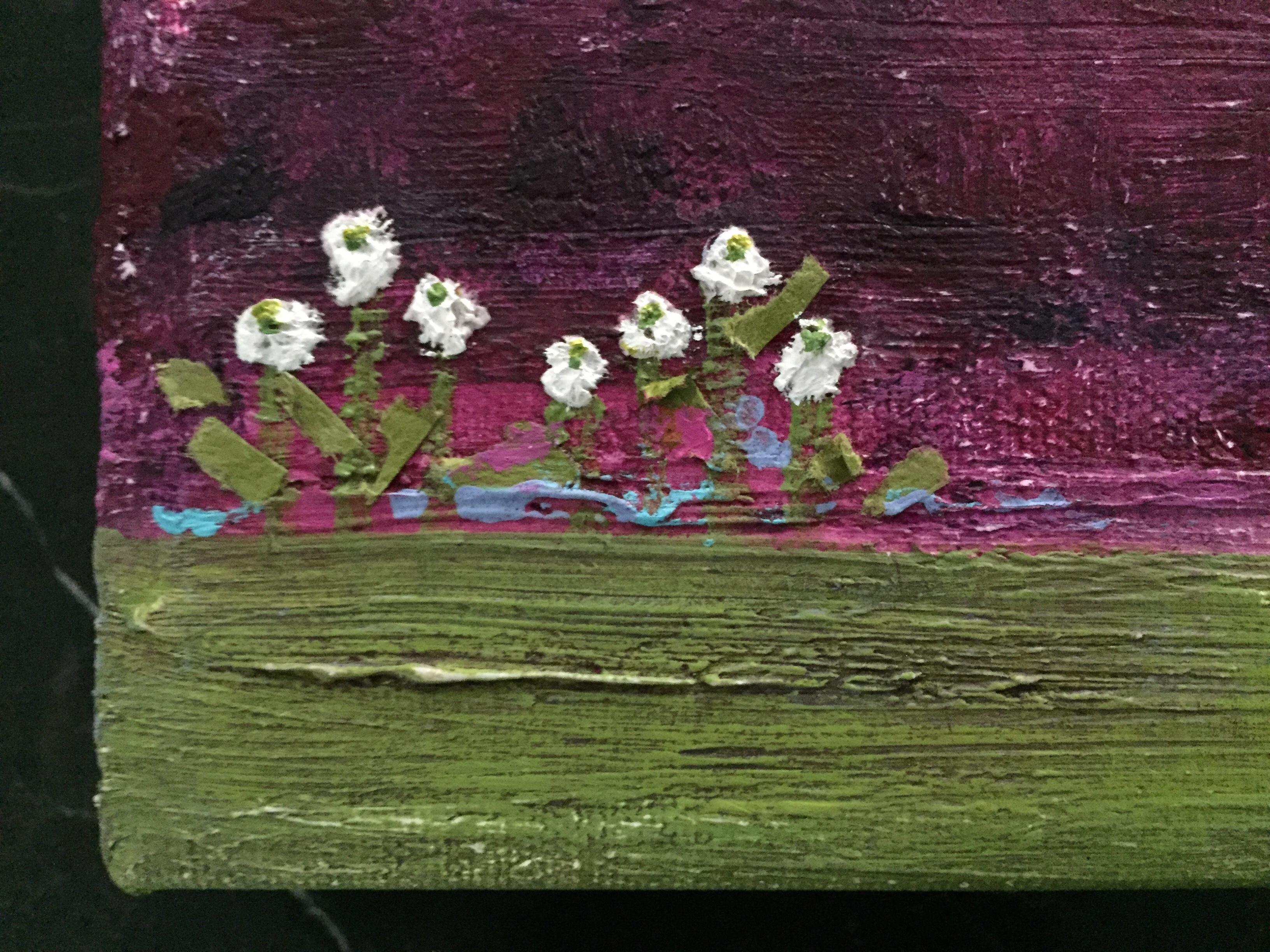 Tiny White Flowers 1 - 6”x6”, Purple, Green, Color, White Flower Landscape  - Contemporary Art by Andrea Stajan-Ferkul