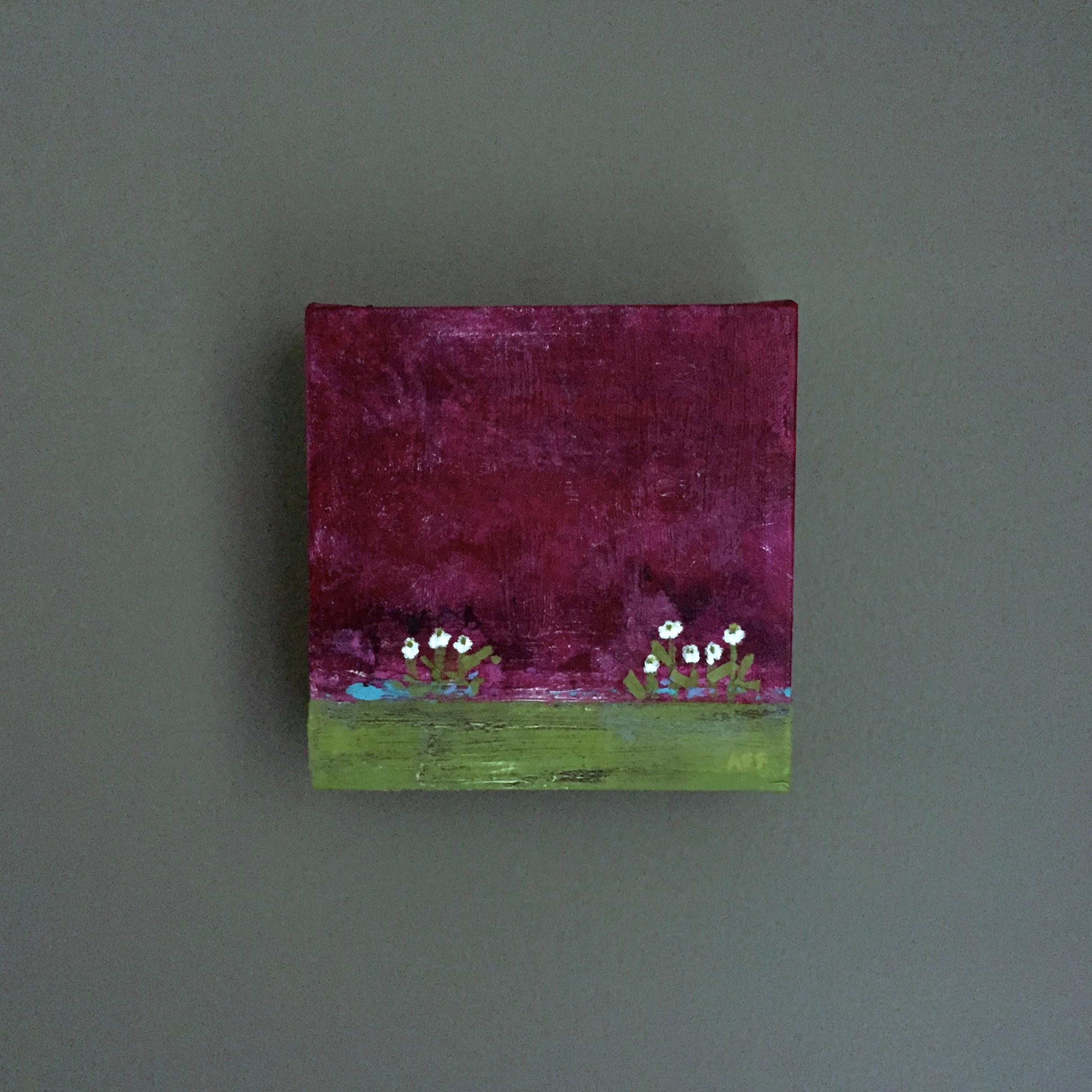 Flores Blancas Diminutas 2 - 6 "x6", Paisaje Morado, Verde, Color, Pintura Original