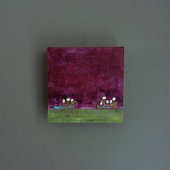 Flores Blancas Diminutas 2 - 6 "x6", Paisaje Morado, Verde, Color, Pintura Original