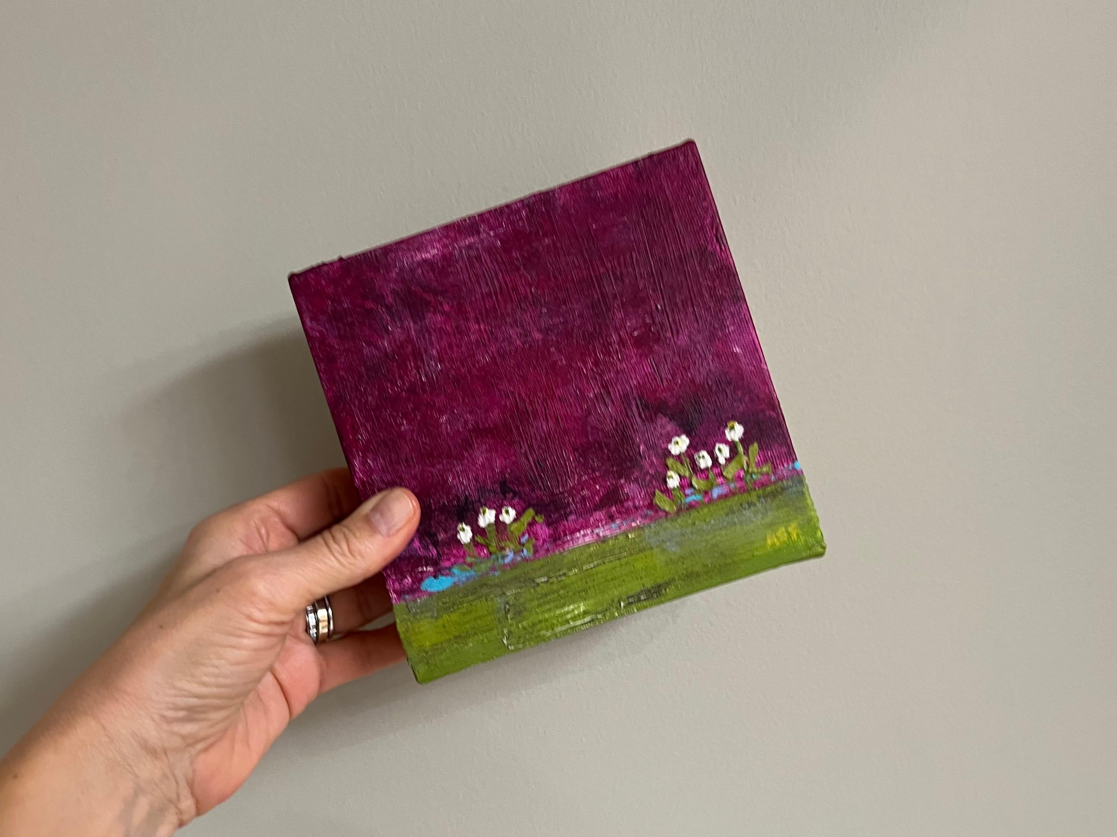Tiny White Flowers 2 - 6”x6”, Purple Landscape, Green, Color, Original Painting For Sale 2