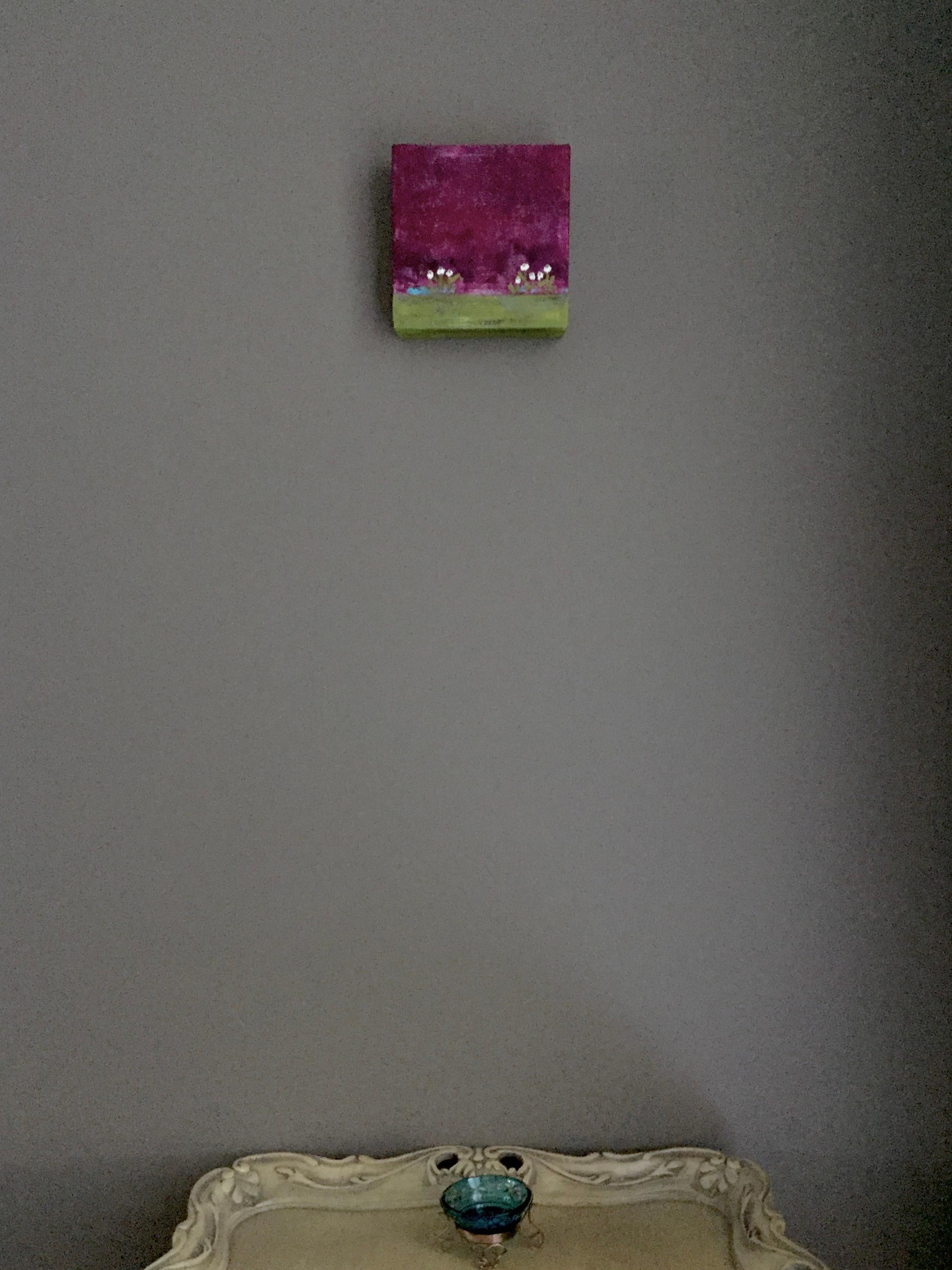 Tiny White Flowers 2 - 6”x6”, Purple Landscape, Green, Color, Original Painting For Sale 3