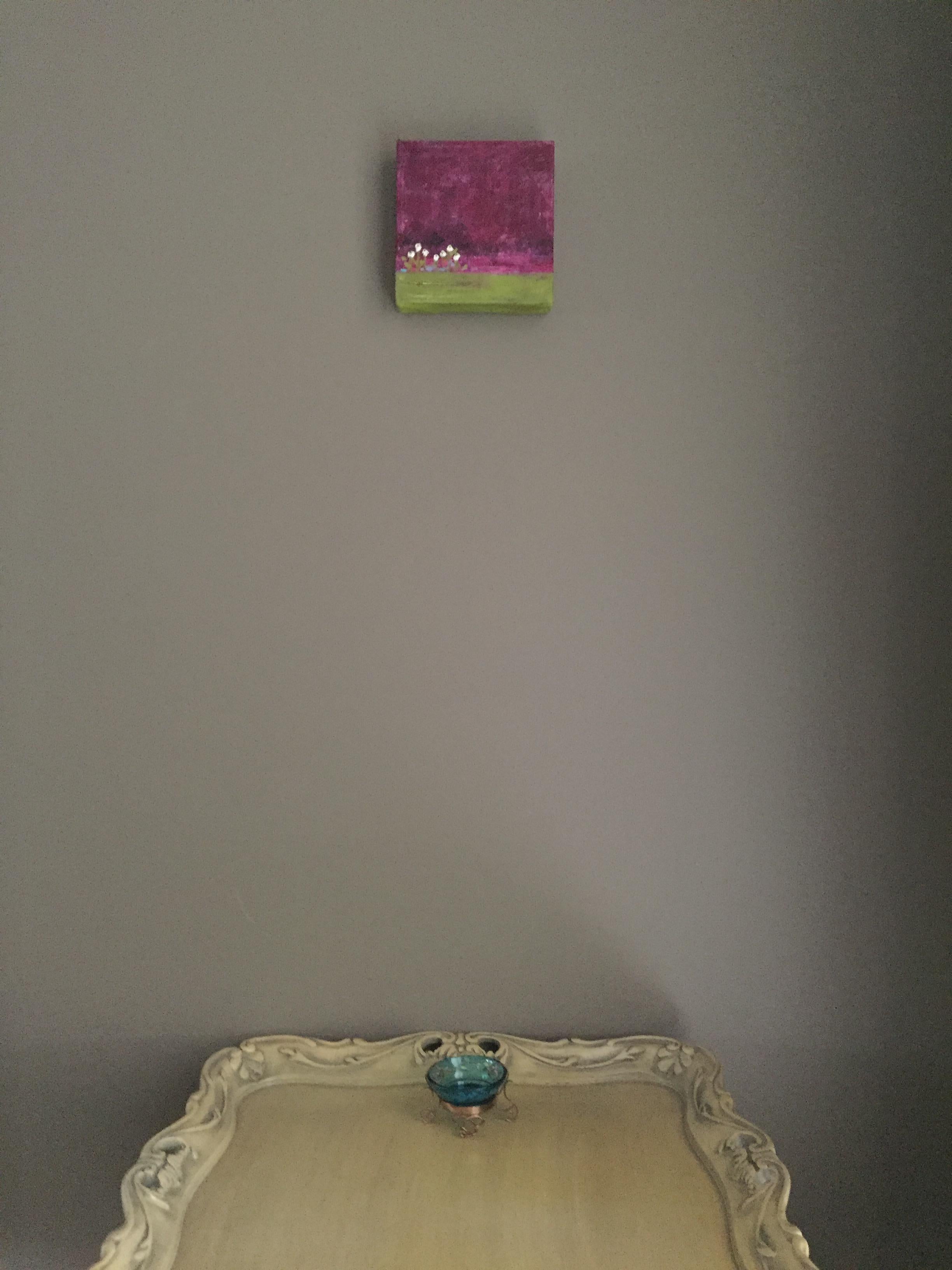 Tiny White Flowers 2 - 6”x6”, Purple Landscape, Green, Color, Original Painting - Contemporary Art by Andrea Stajan-Ferkul