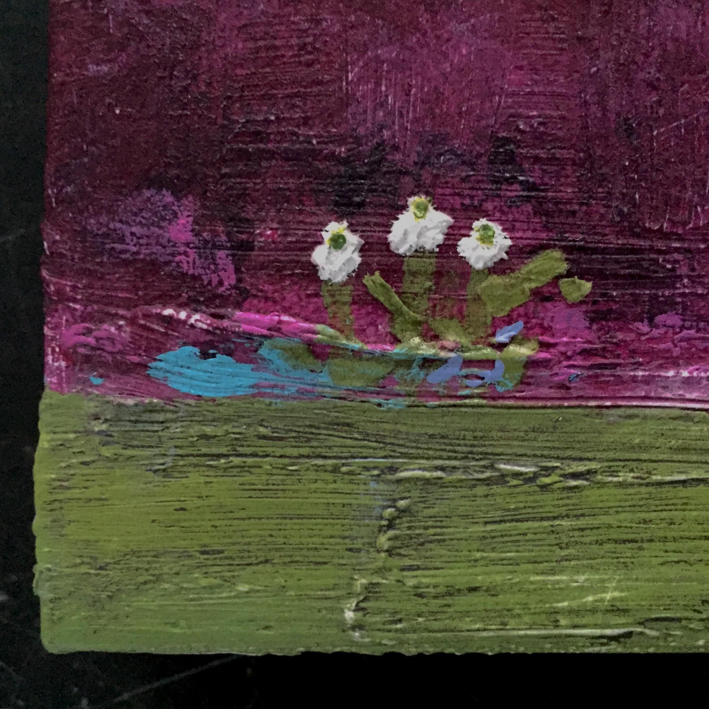 Small paintings make a big statement. In this delicate piece, multi layers of paint build up a textured, impressionistic landscape with the focus on simplified composition. Tiny white flowers pop from a vibrant background of intense colour creating