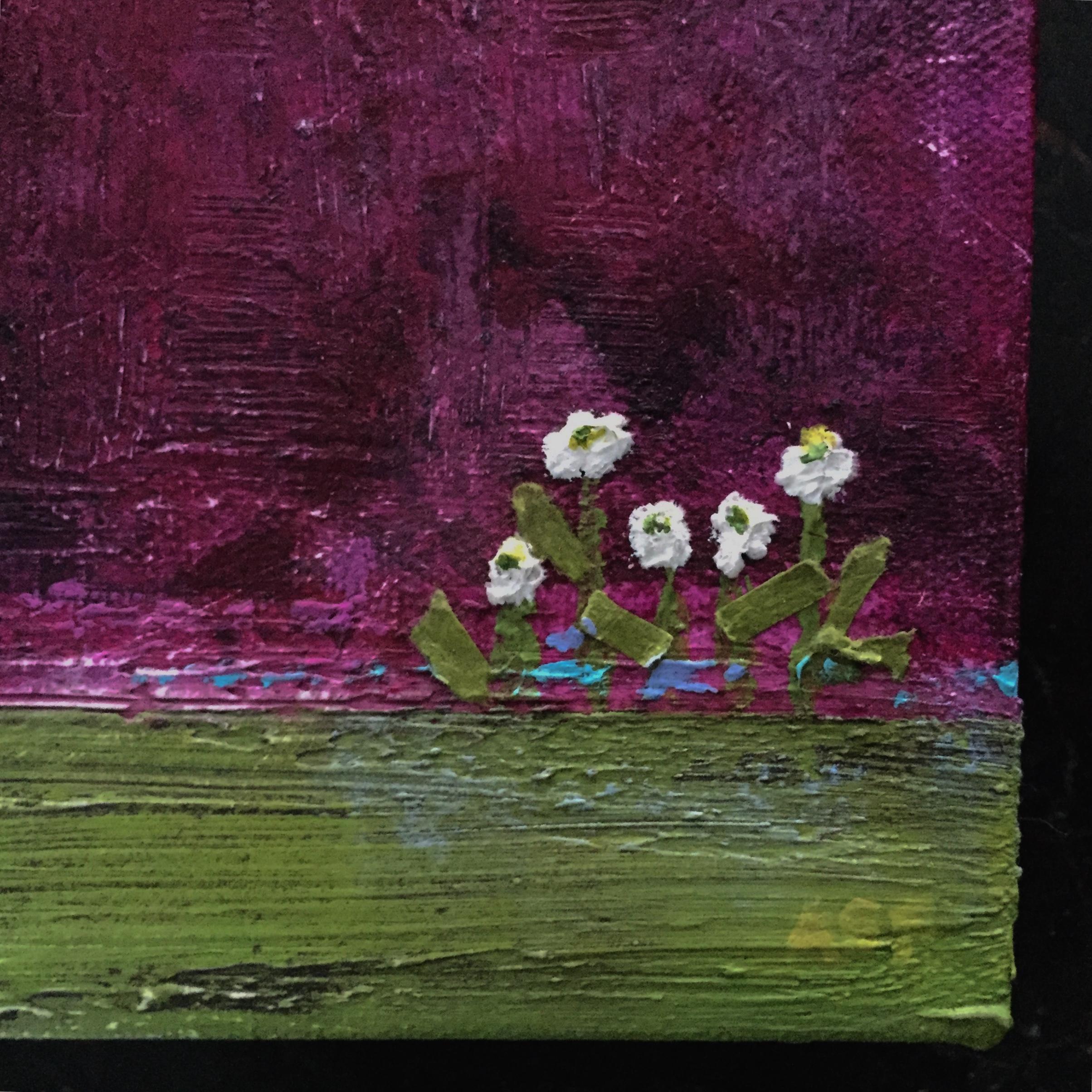 Small paintings make a big statement. In this delicate piece, multi layers of paint build up a textured, impressionistic landscape with the focus on simplified composition. Tiny white flowers pop from a vibrant background of intense colour creating