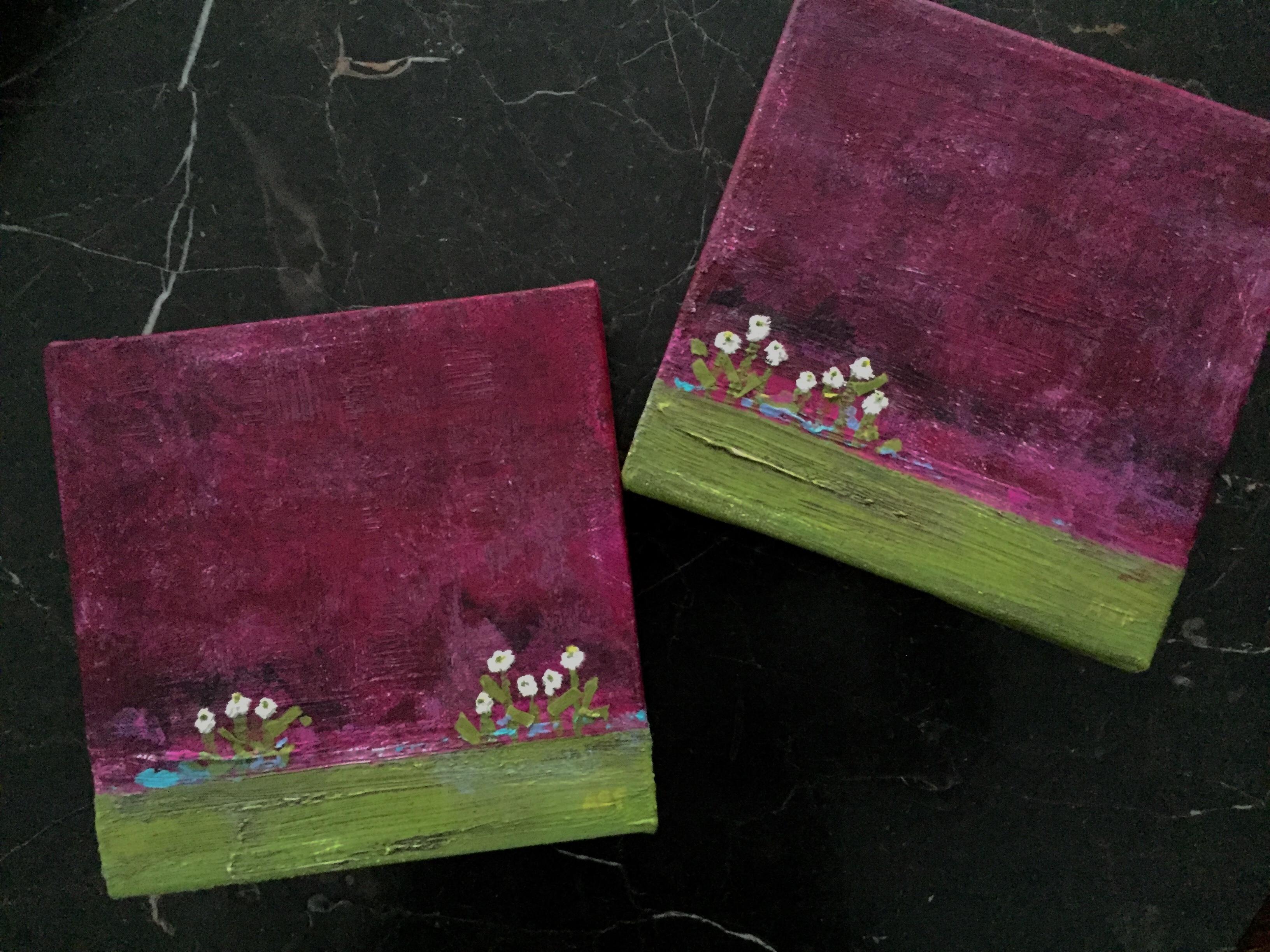 Tiny White Flowers 2 - 6”x6”, Purple Landscape, Green, Color, Original Painting For Sale 3