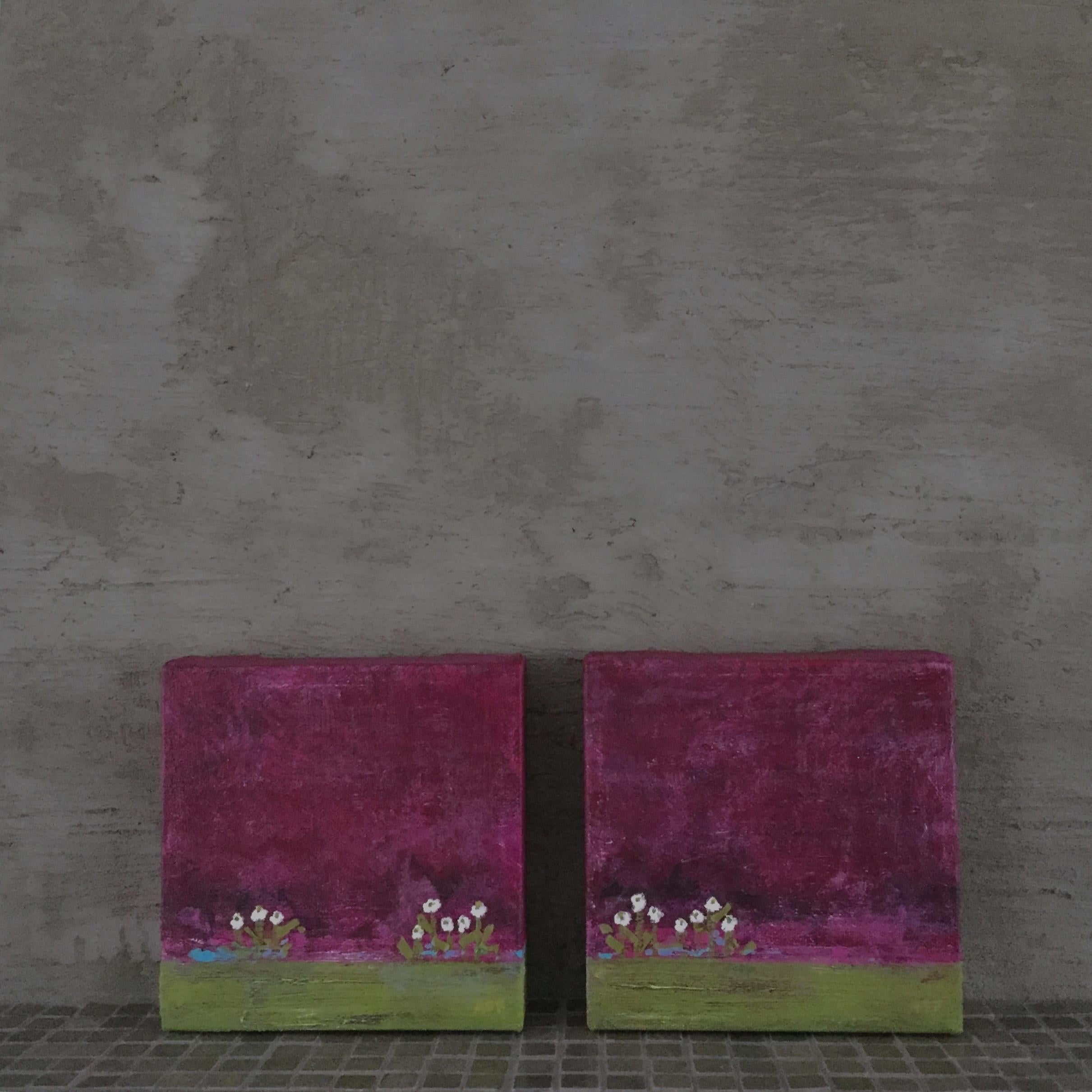 Tiny White Flowers 2 - 6”x6”, Purple Landscape, Green, Color, Original Painting For Sale 4