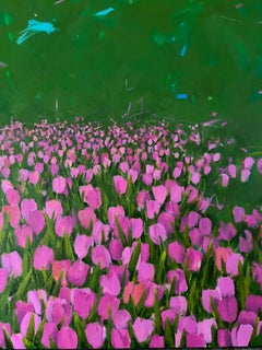 Auf Zehenspitzen durch die Tulpen, zeitgenössische Blumenlandschaft, rosa-grünes botanisches Motiv