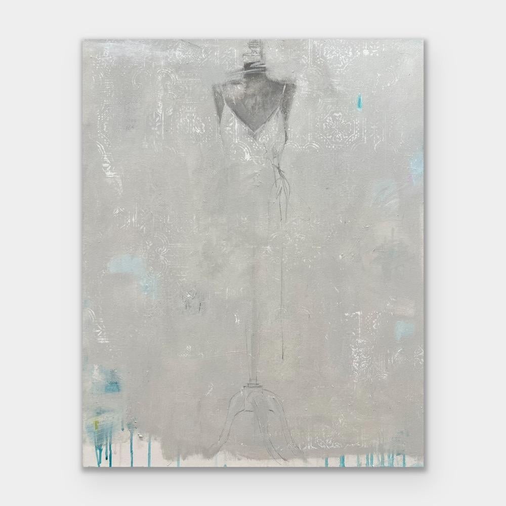 Underdressed - 24x30, peinture figurative, gris, blanc, neutre, bleu en vente 6