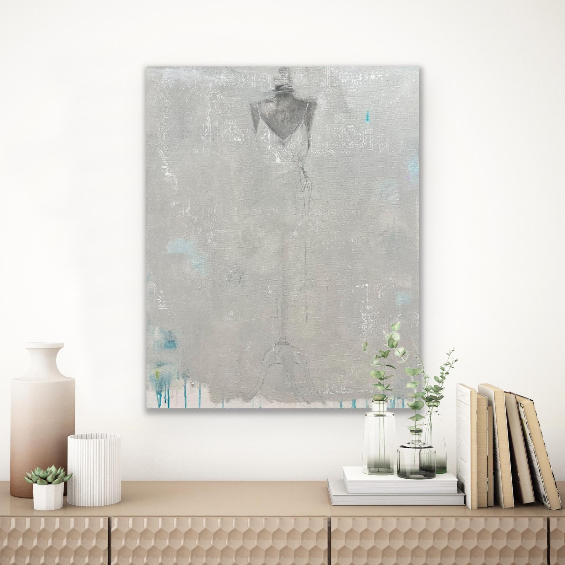 Underdressed - 24x30, peinture figurative, gris, blanc, neutre, bleu en vente 7