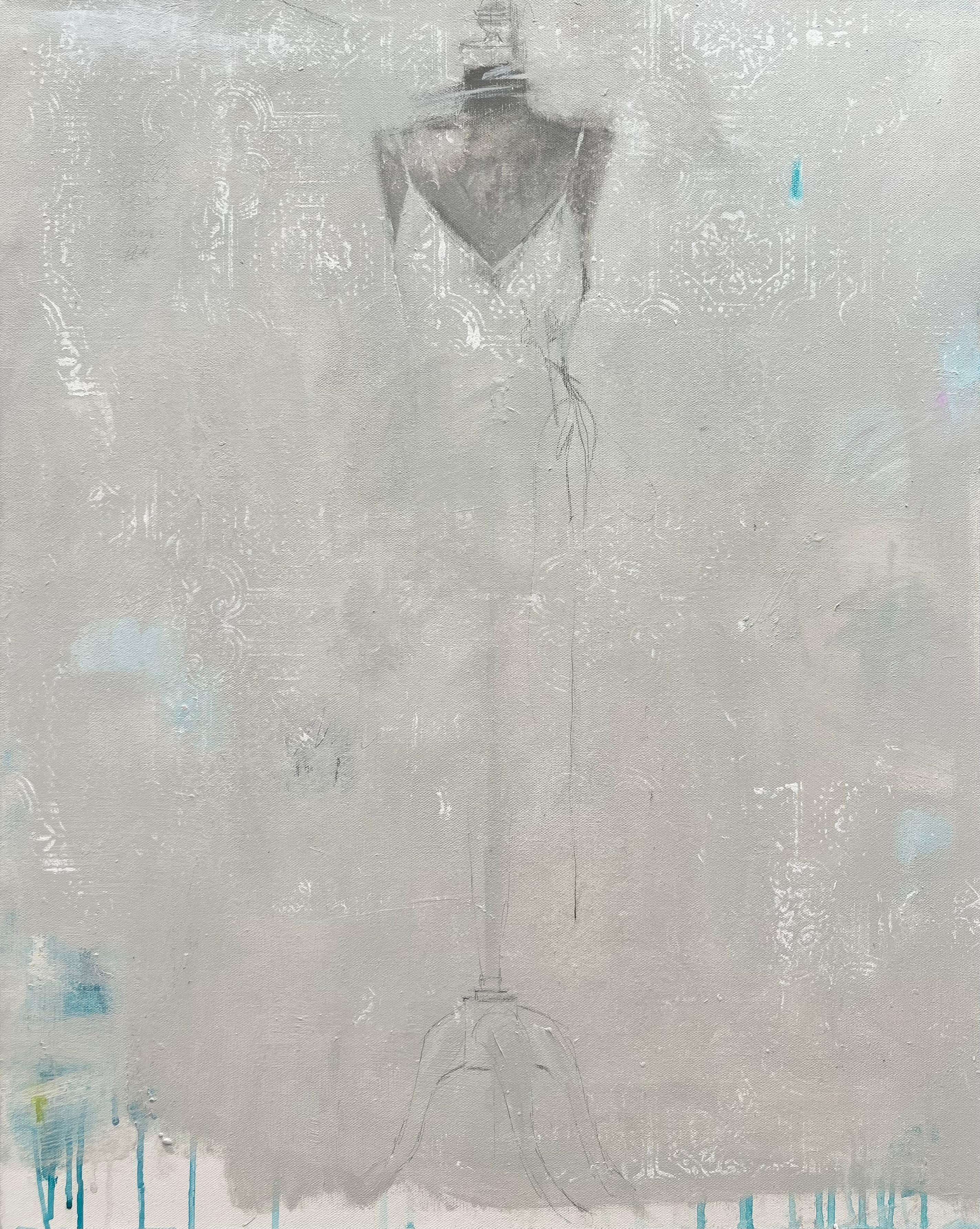 Underdressed - 24x30, peinture figurative, gris, blanc, neutre, bleu - Painting de Andrea Stajan-Ferkul