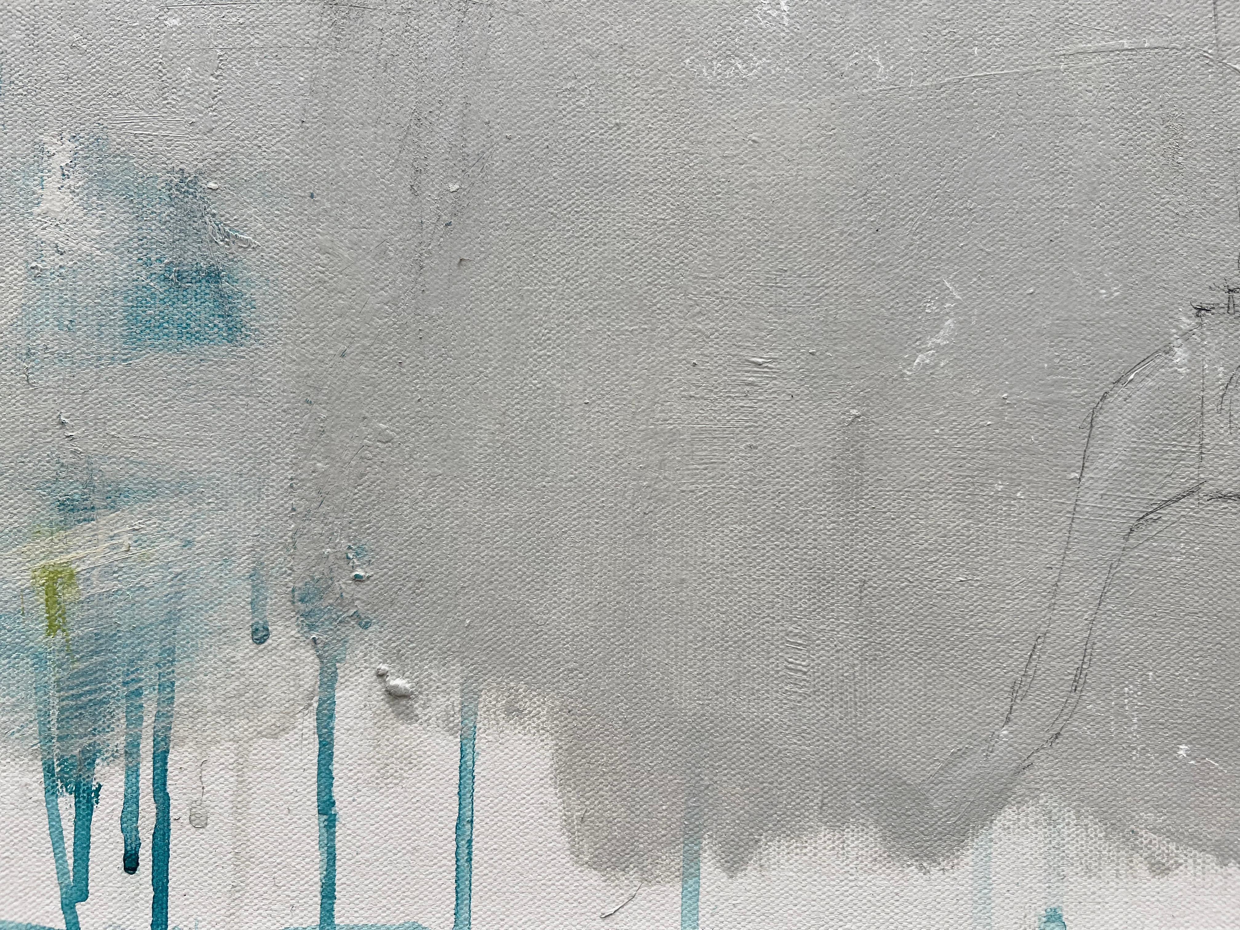 Underdressed - 24x30, peinture figurative, gris, blanc, neutre, bleu en vente 4