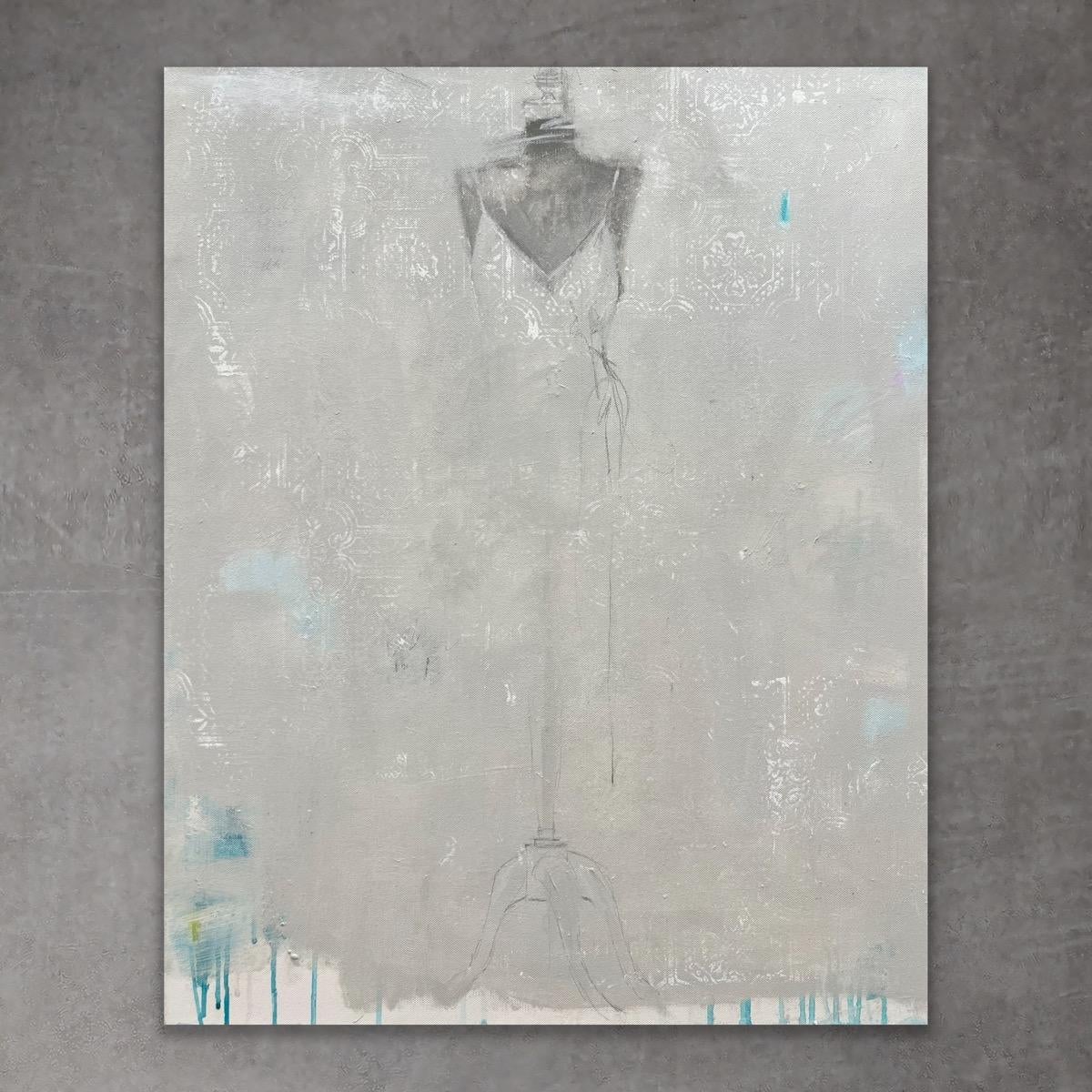 Underdressed - 24”x30”, Dress Painting, Figurative, Grey, White, Neutral, Blue
