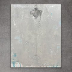 Underdressed - 24x30, peinture figurative, gris, blanc, neutre, bleu