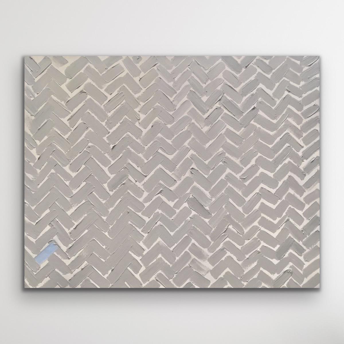 This contemporary abstract painting places emphasis on simplified composition. A heavy, textured herringbone pattern created with lush brush stokes adds dimension, inviting the viewer to experience an immediate, purely visual response. The